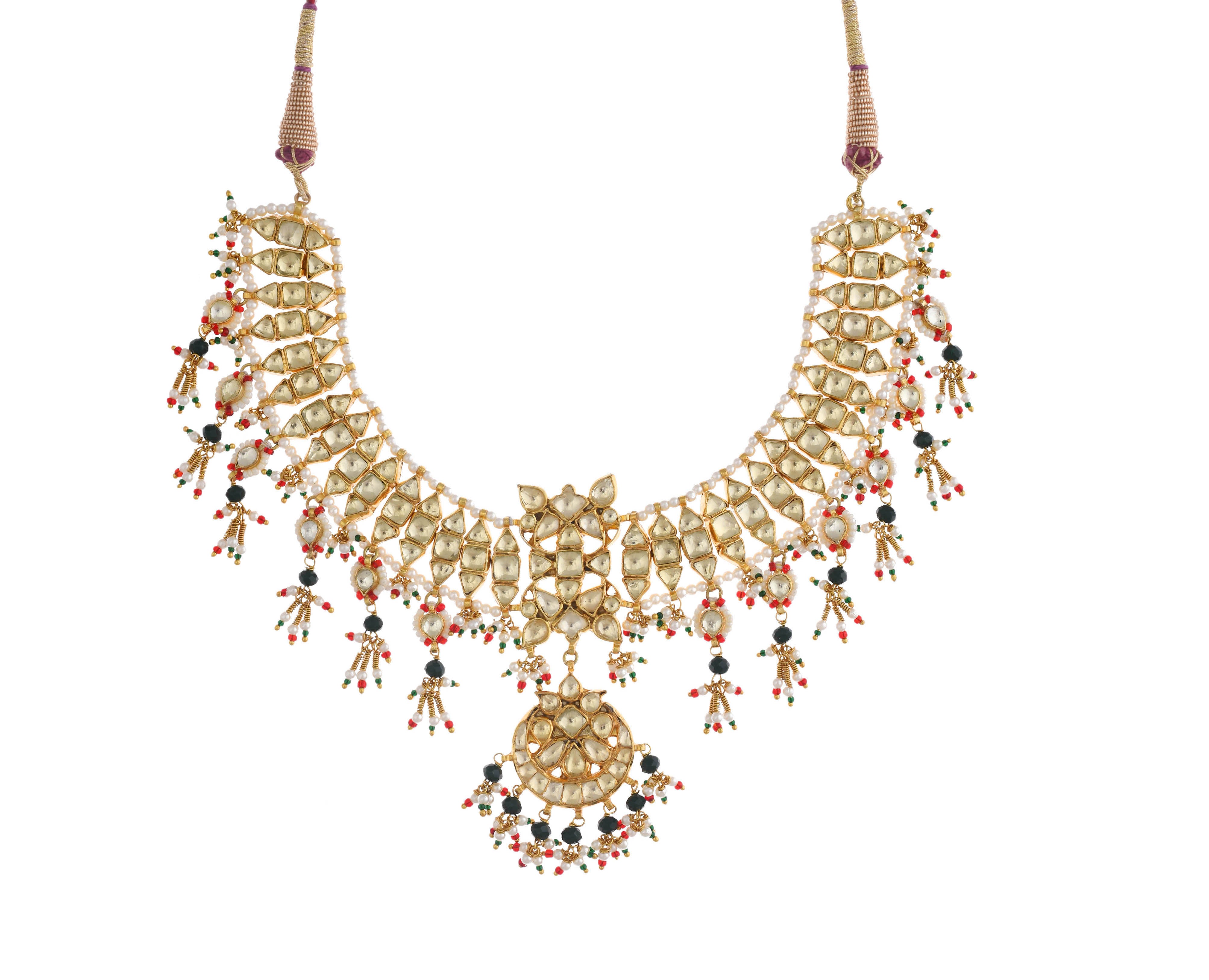 Gold Green Red  Finish Jadau Necklace Set With Pearls