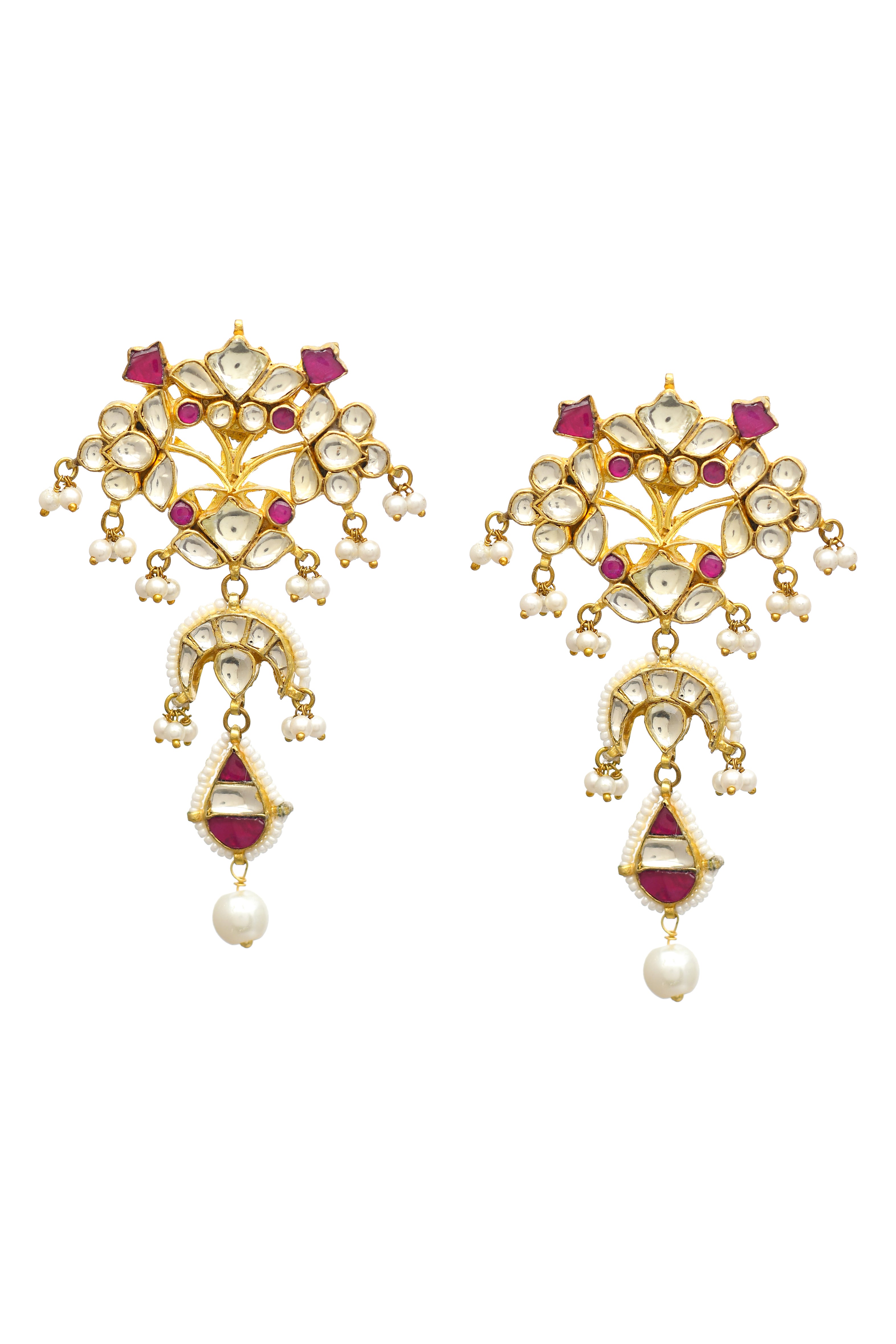 Gold Tone Ruby Earrings With Pearls