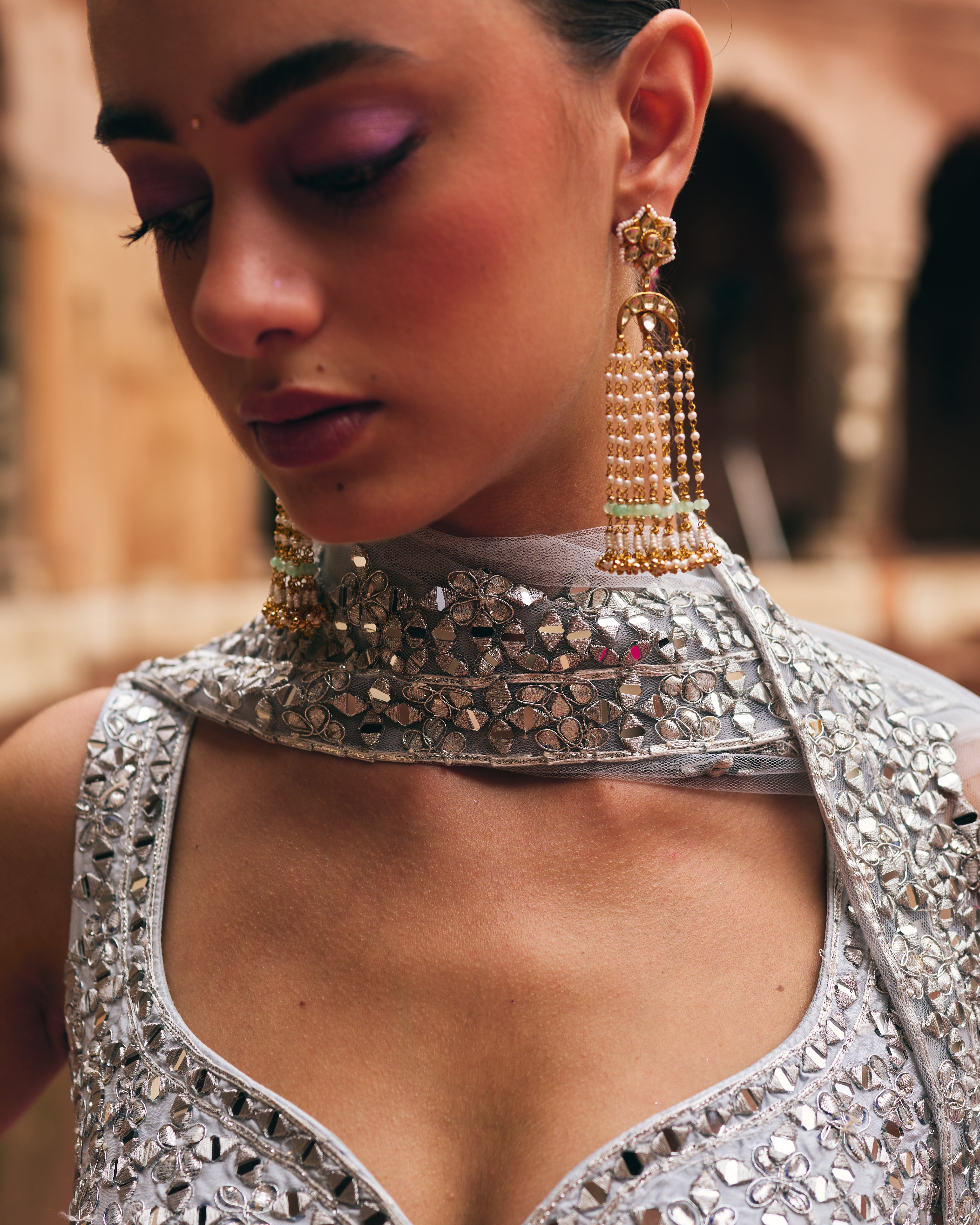 Kundan Sea Green Gold Finish Earrings