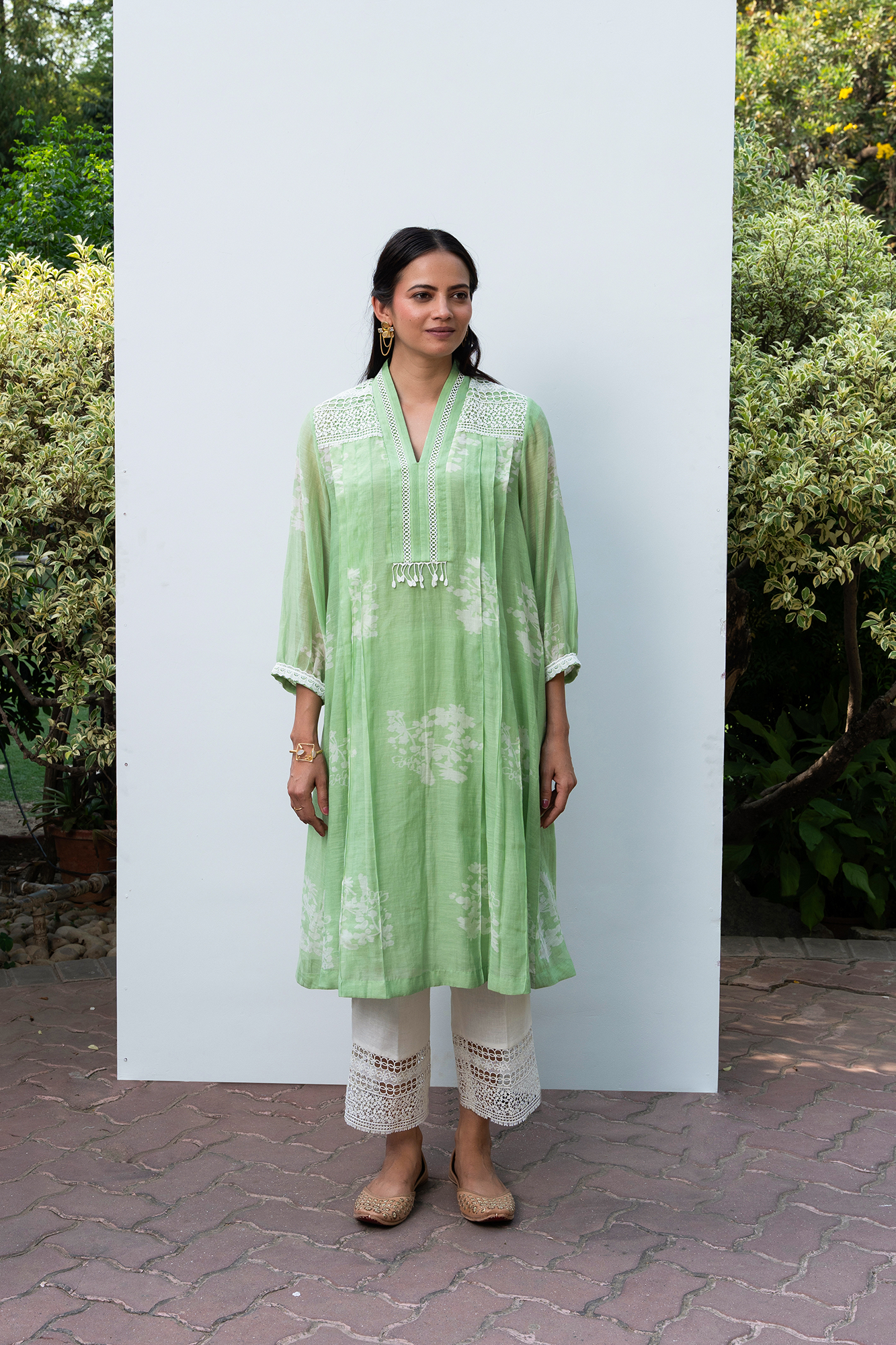 Apple Green Pleated Chanderi Kurta