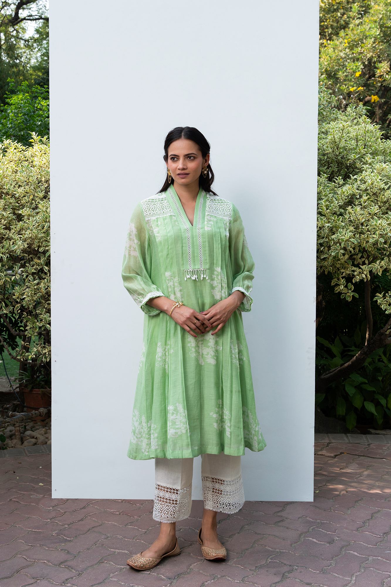 Apple Green Pleated Chanderi Kurta