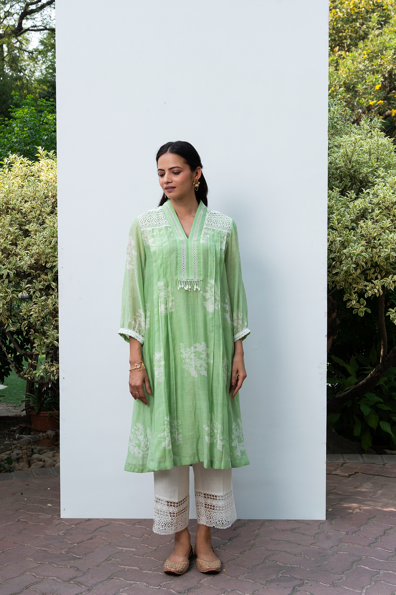 Apple Green Pleated Chanderi Kurta