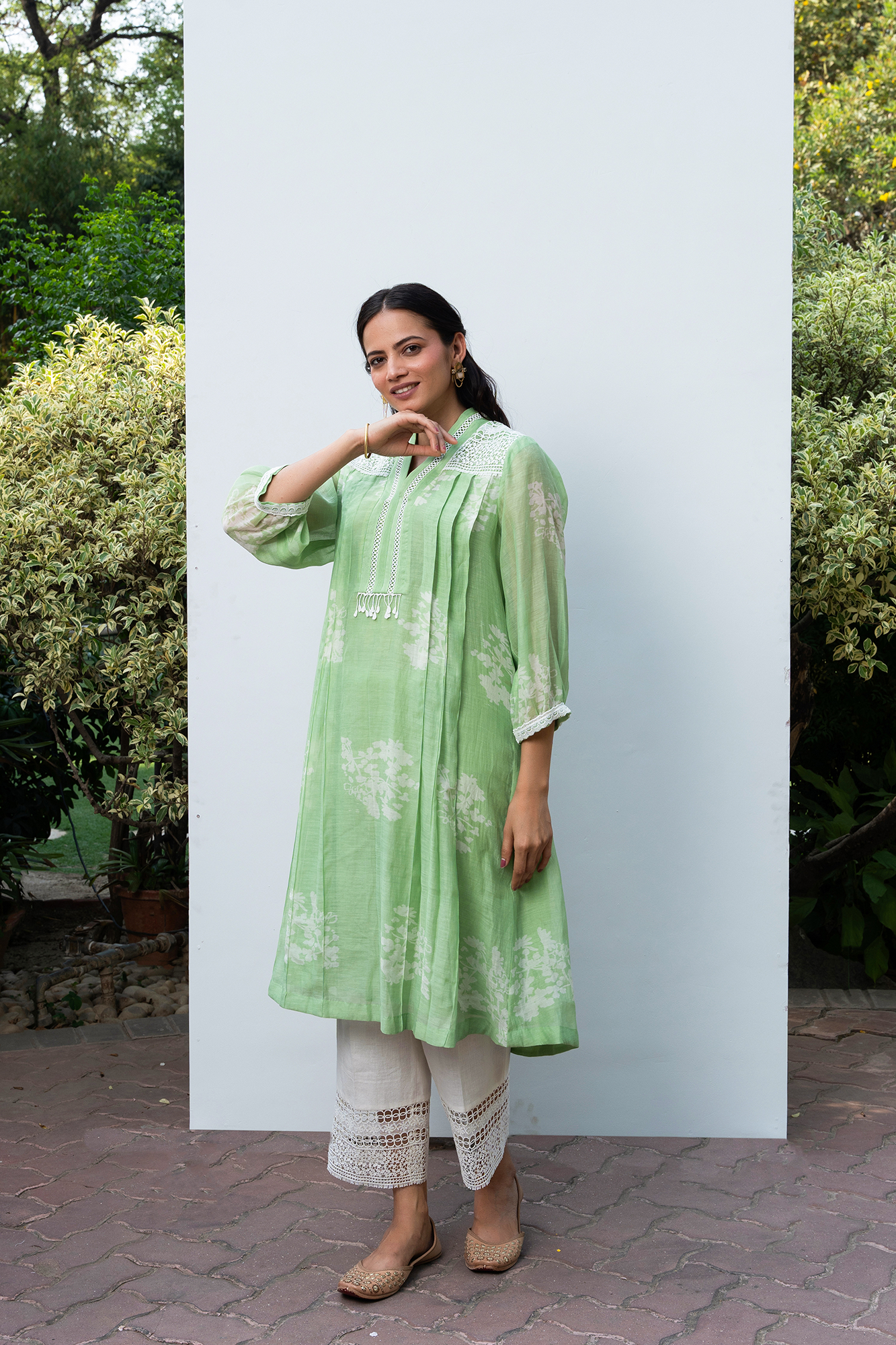 Apple Green Pleated Chanderi Kurta