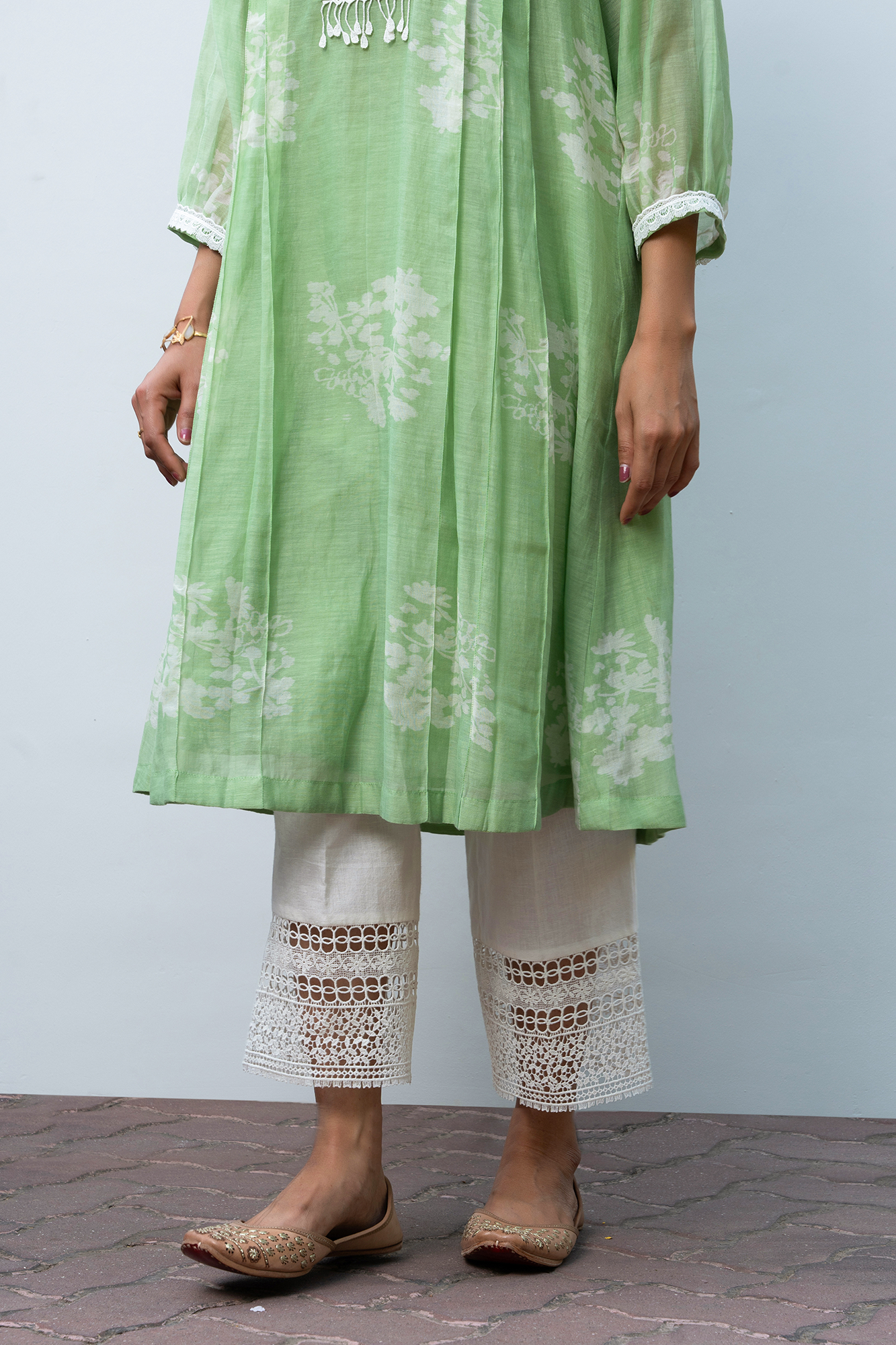 Apple Green Pleated Chanderi Kurta