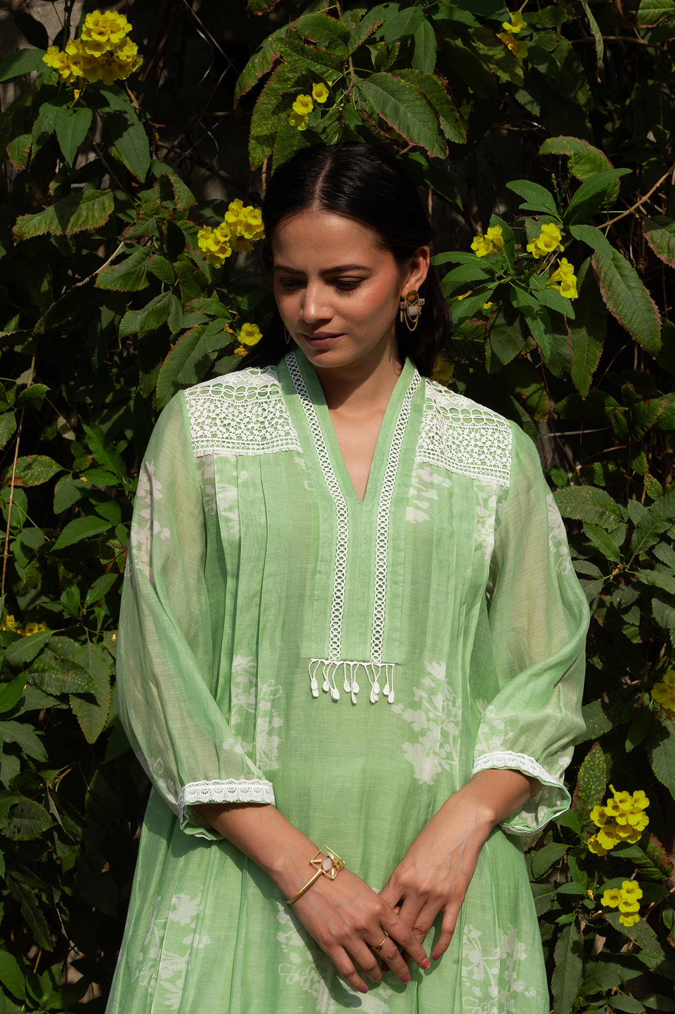 Apple Green Pleated Chanderi Kurta