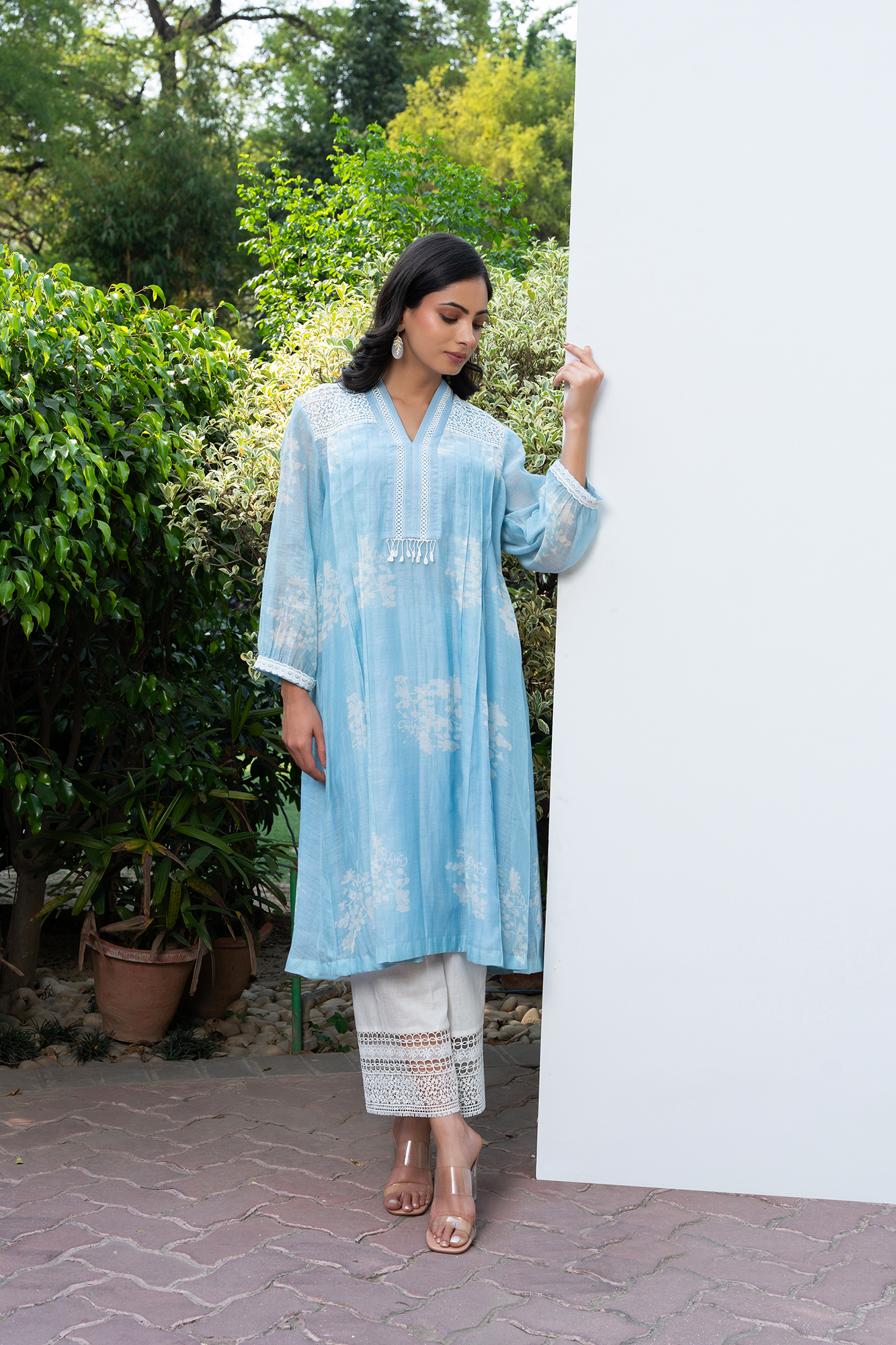 Powder Blue Pleated Chanderi Kurta