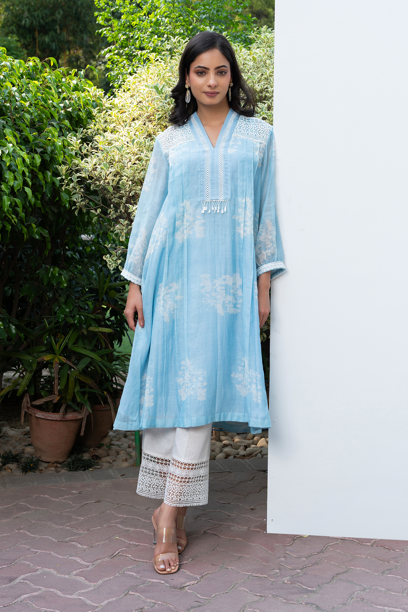 Powder Blue Pleated Chanderi Kurta