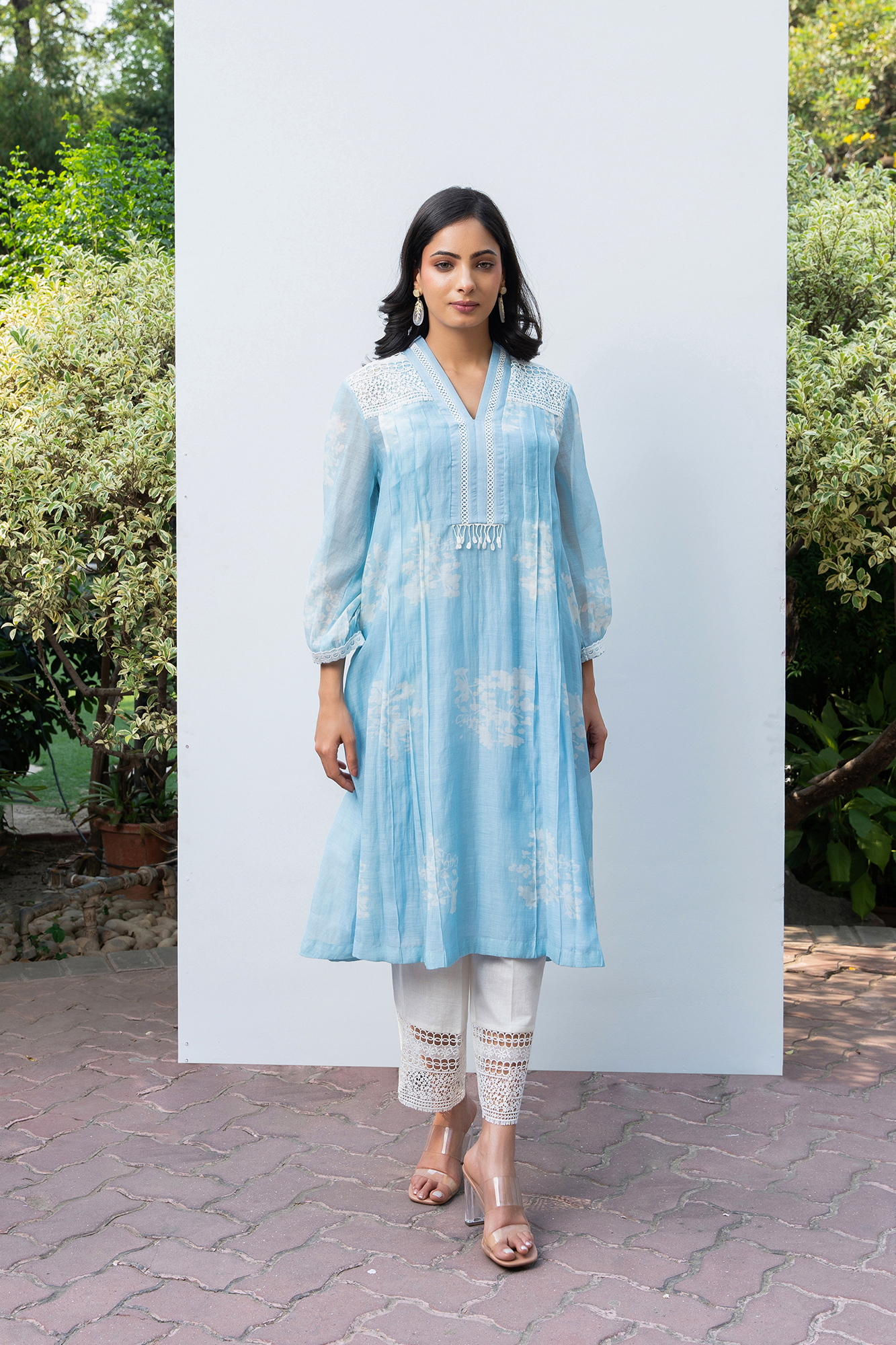 Powder Blue Pleated Chanderi Kurta