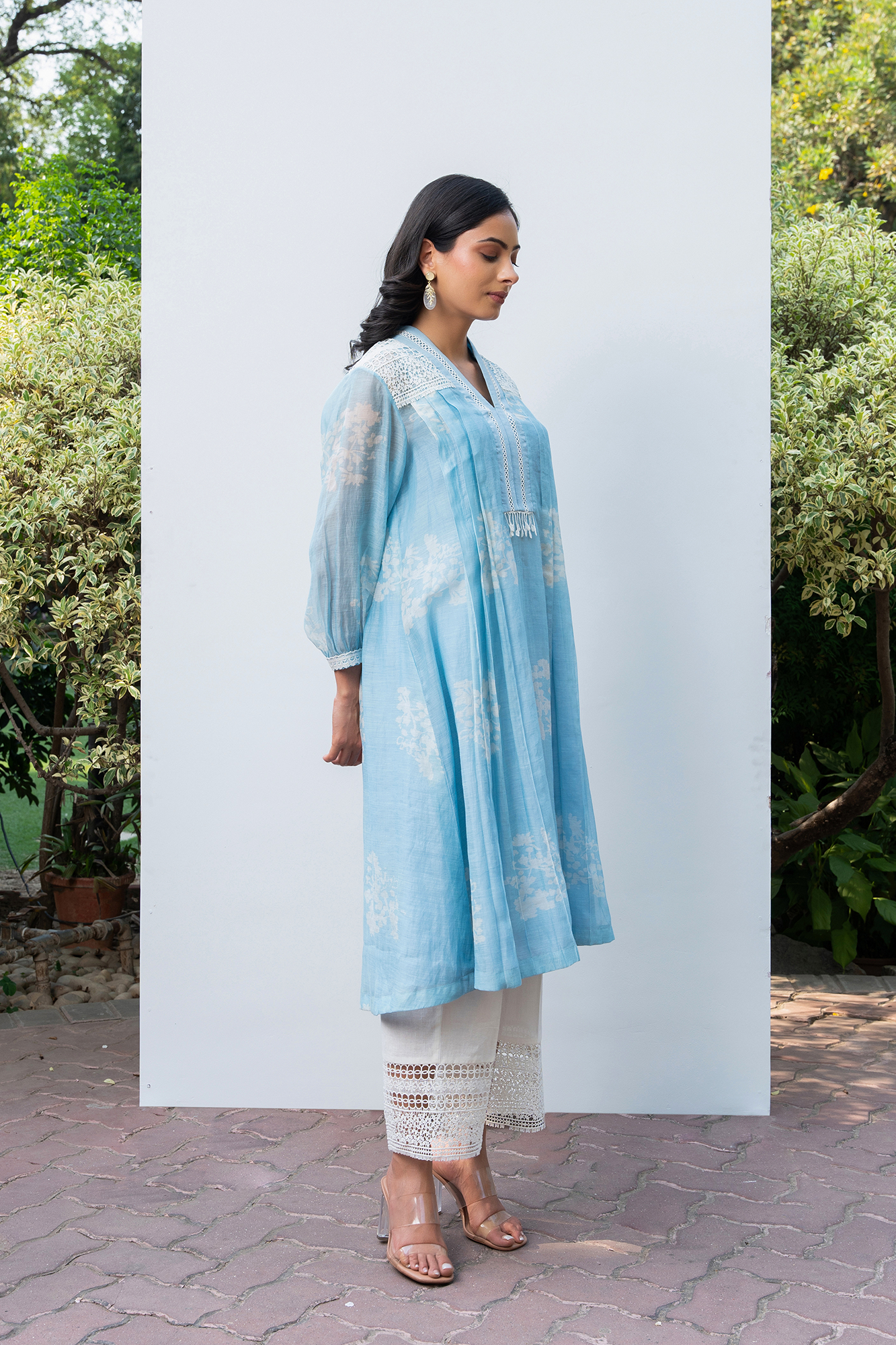 Powder Blue Pleated Chanderi Kurta