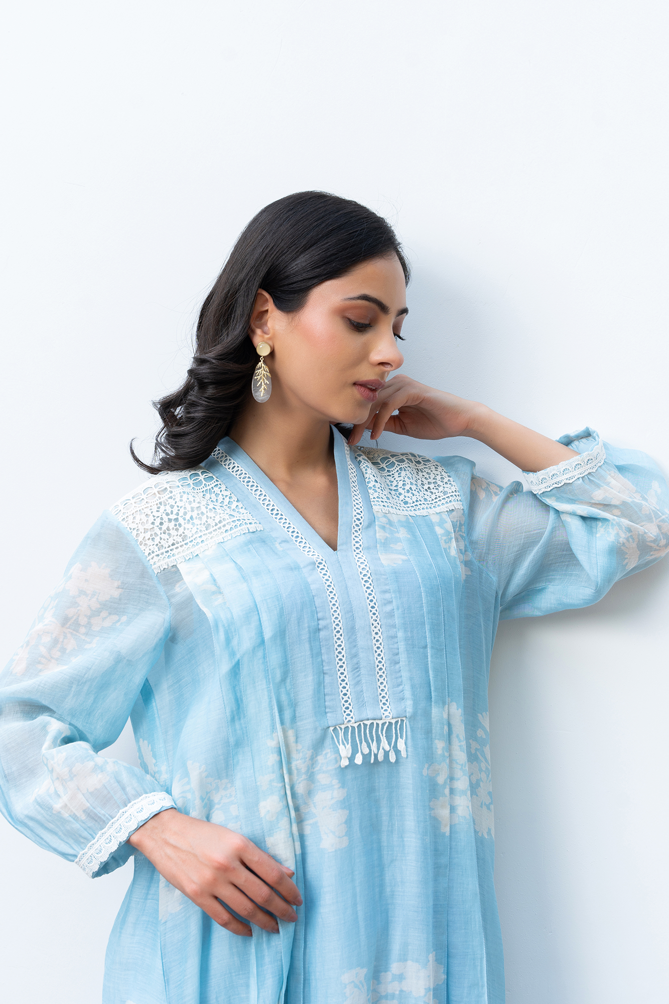 Powder Blue Pleated Chanderi Kurta