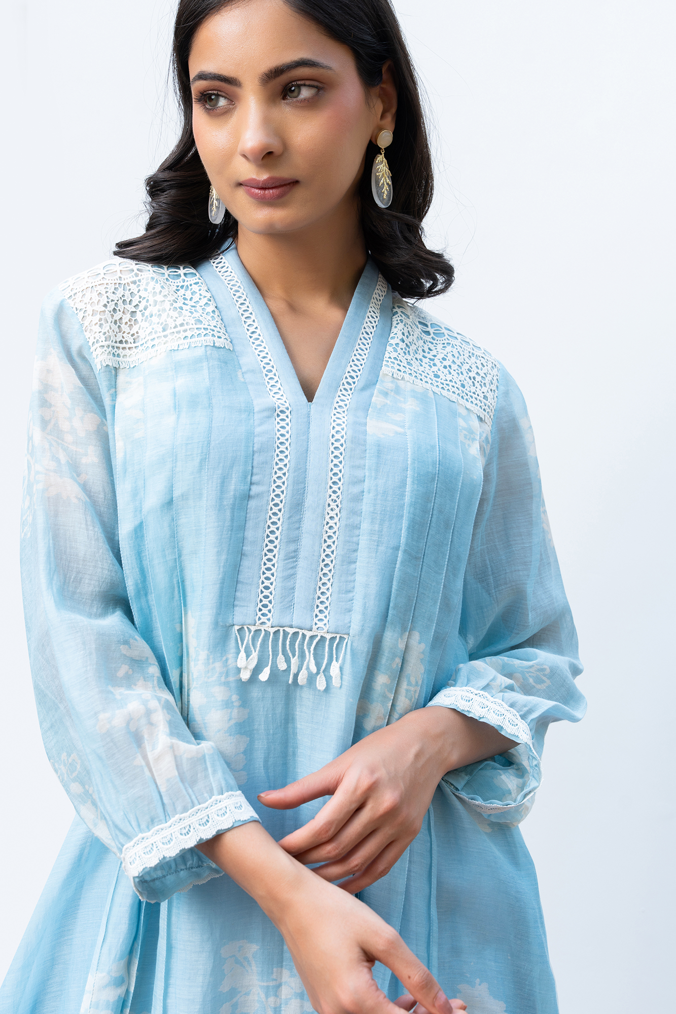 Powder Blue Pleated Chanderi Kurta