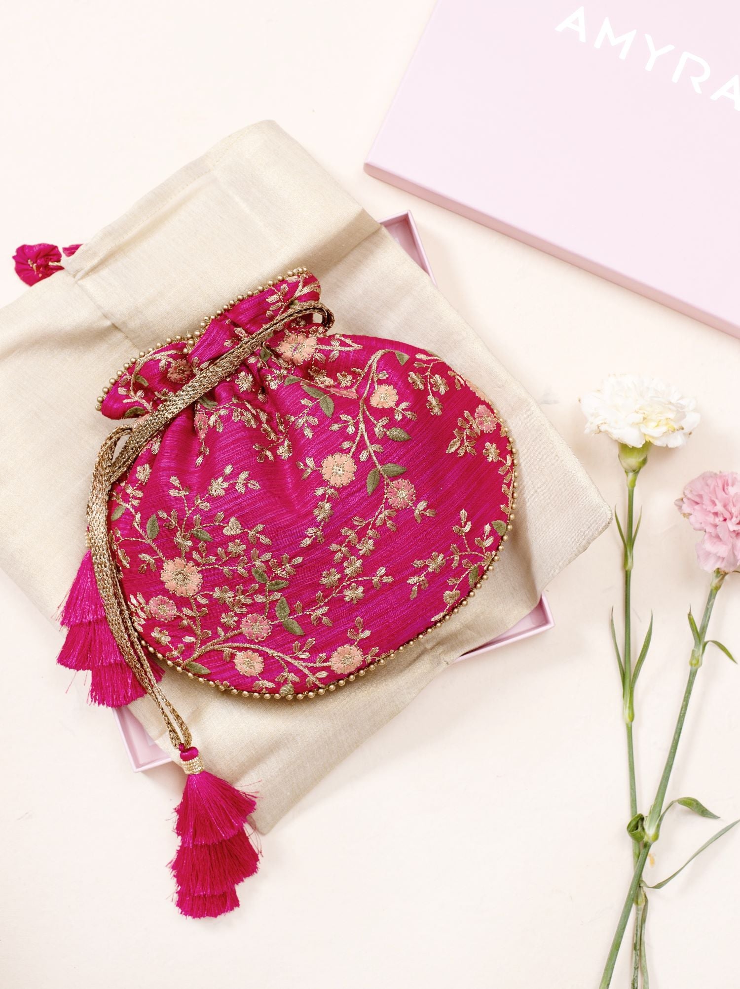 Floral Creeper Pink Potli Bag