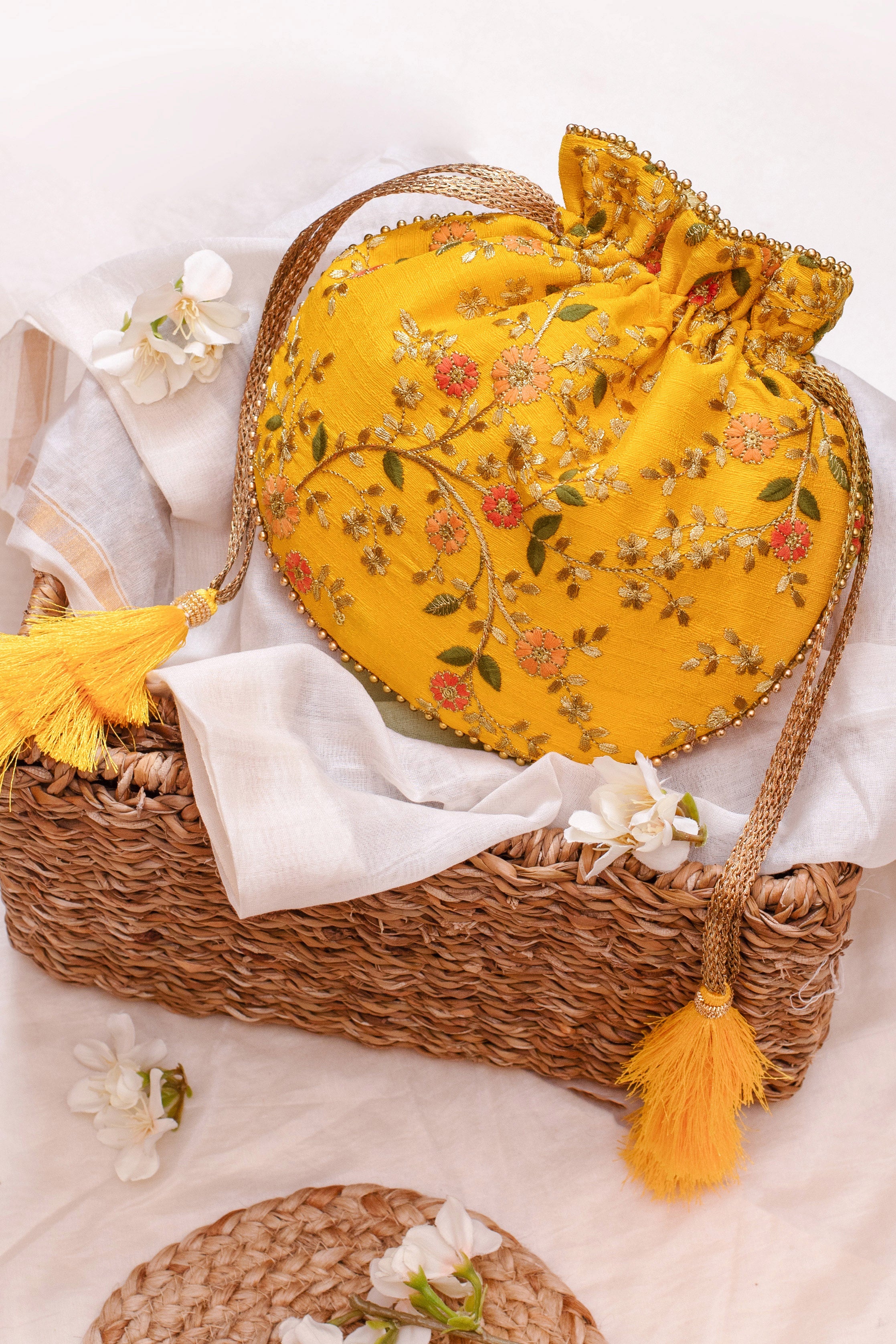 Floral Creeper Potli Bag Yellow