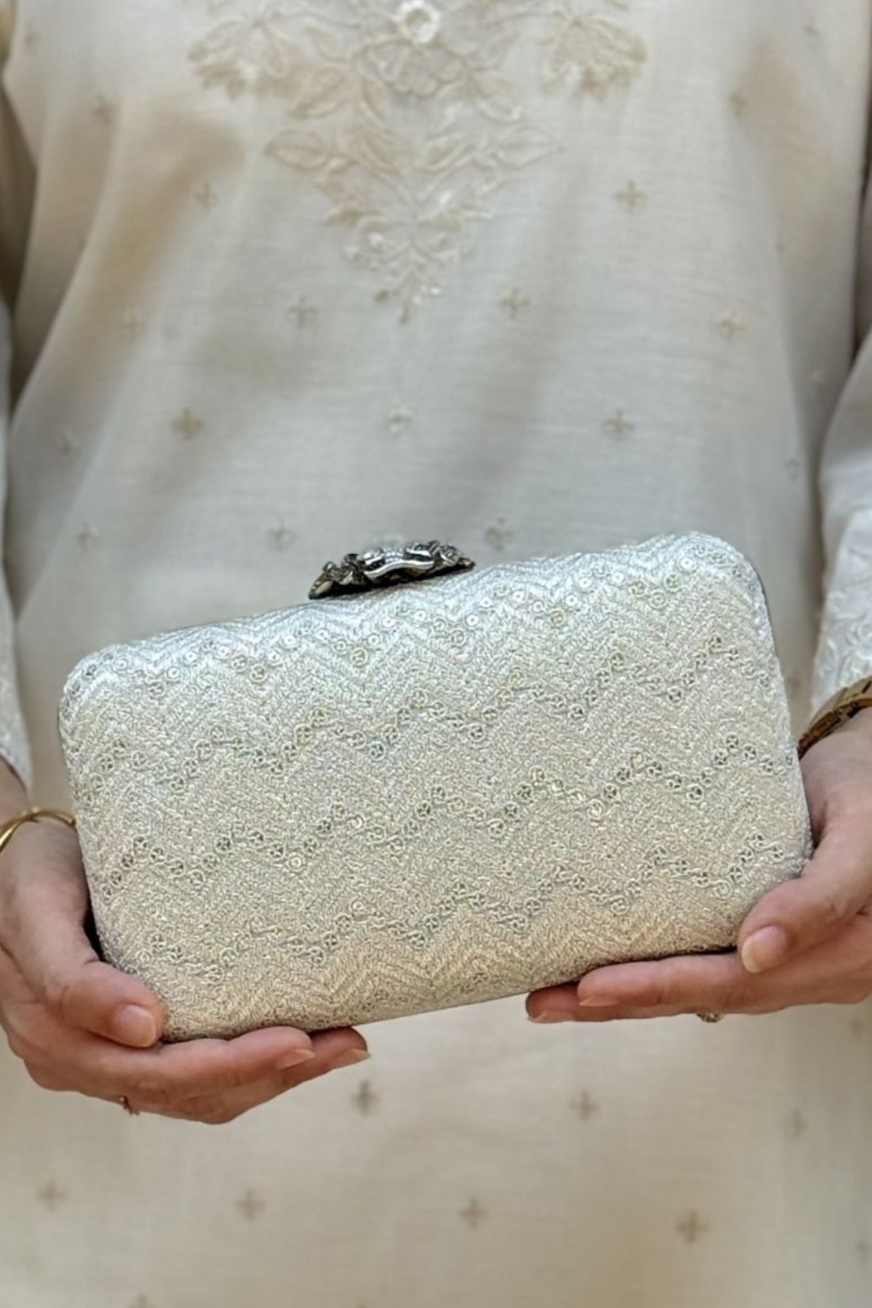 Mayuri Embroidered Box Clutch - Off-white