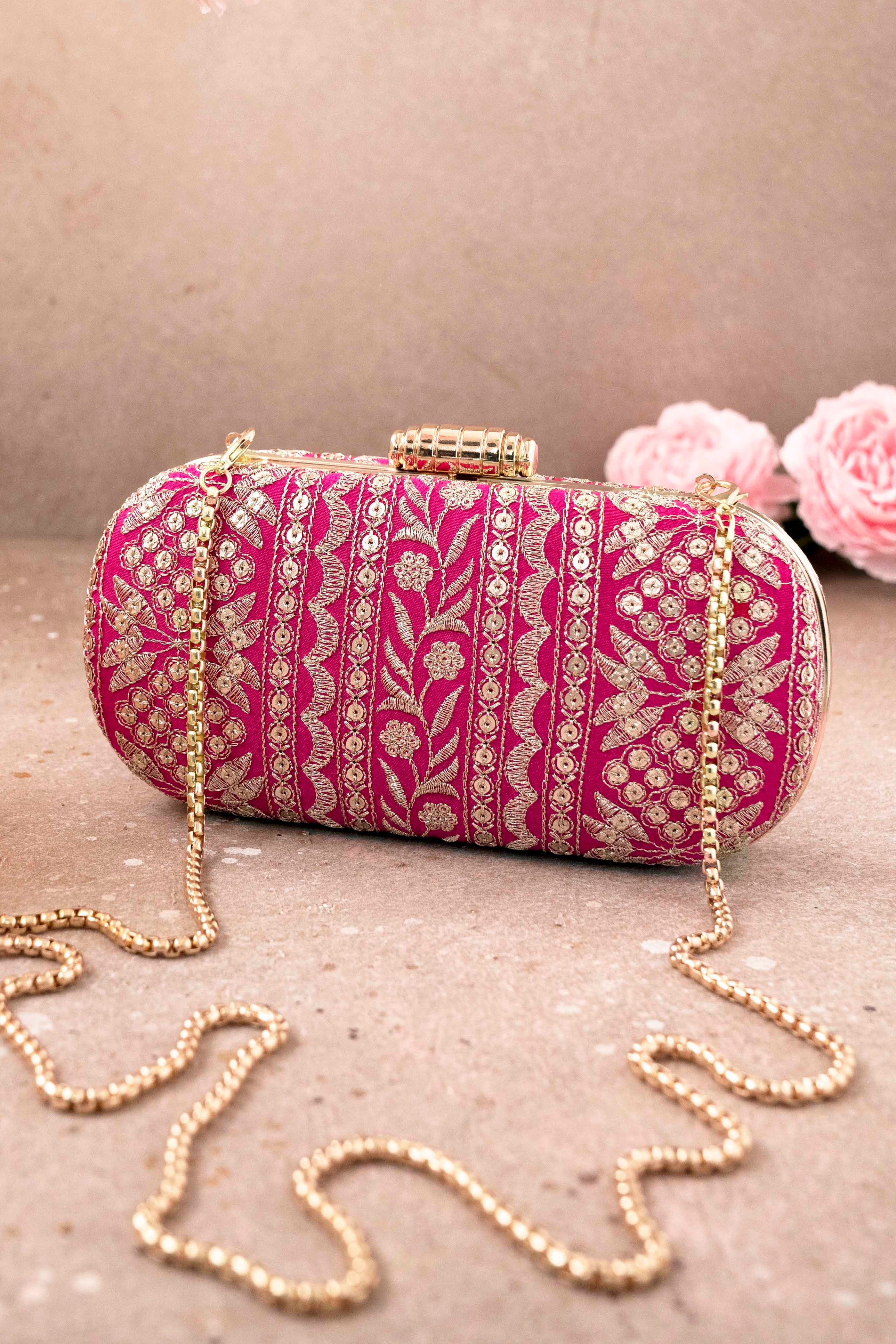 Buy Pink Thread Embroidered Lucknowi Oval Clutch Bag by Adara Khan Online  at Aza Fashions.