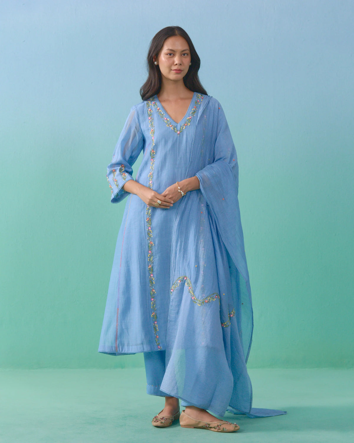Firdaus Powder Blue Mul Chanderi Dupatta