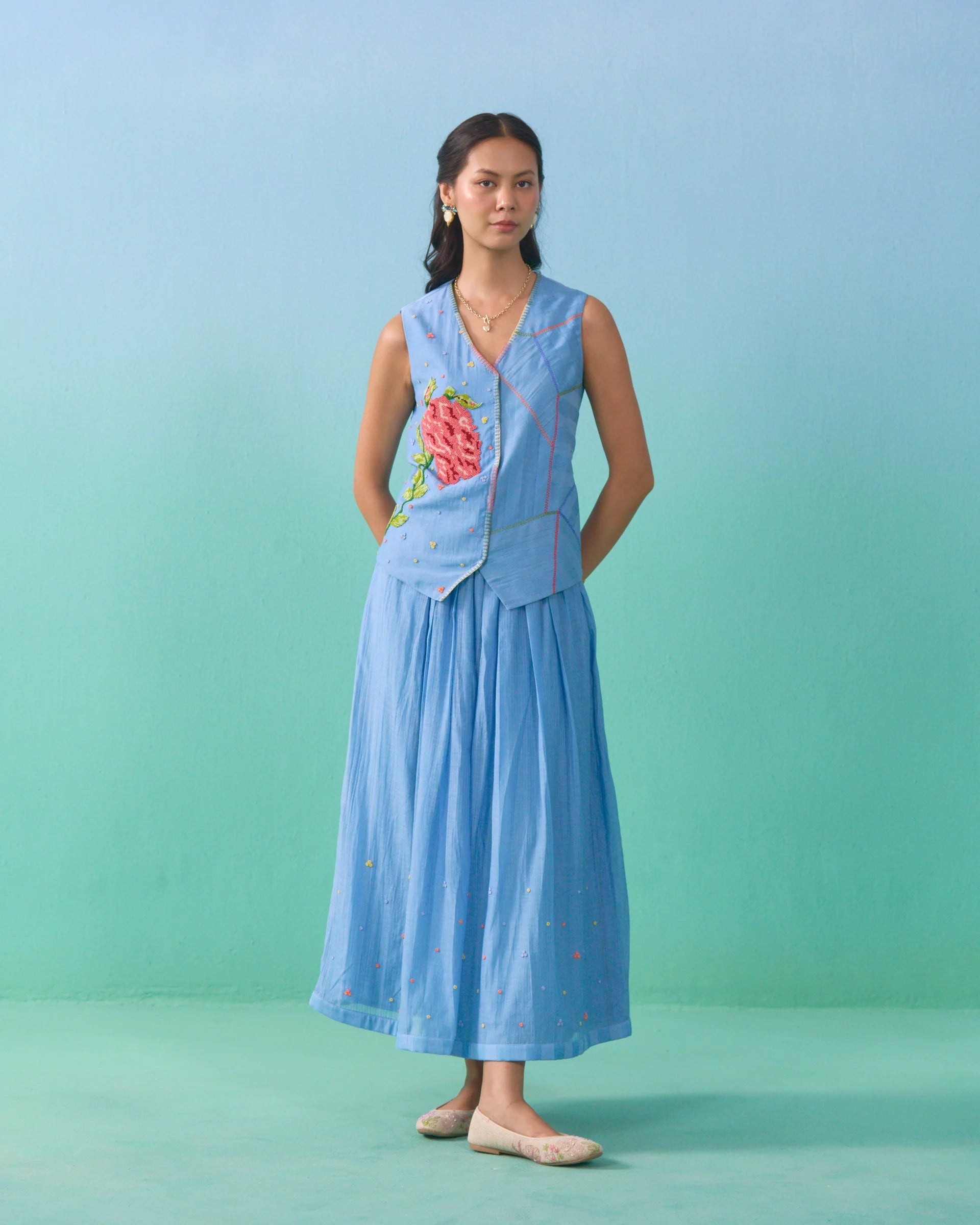 Floral Drift Vest Overlay Set - Blue
