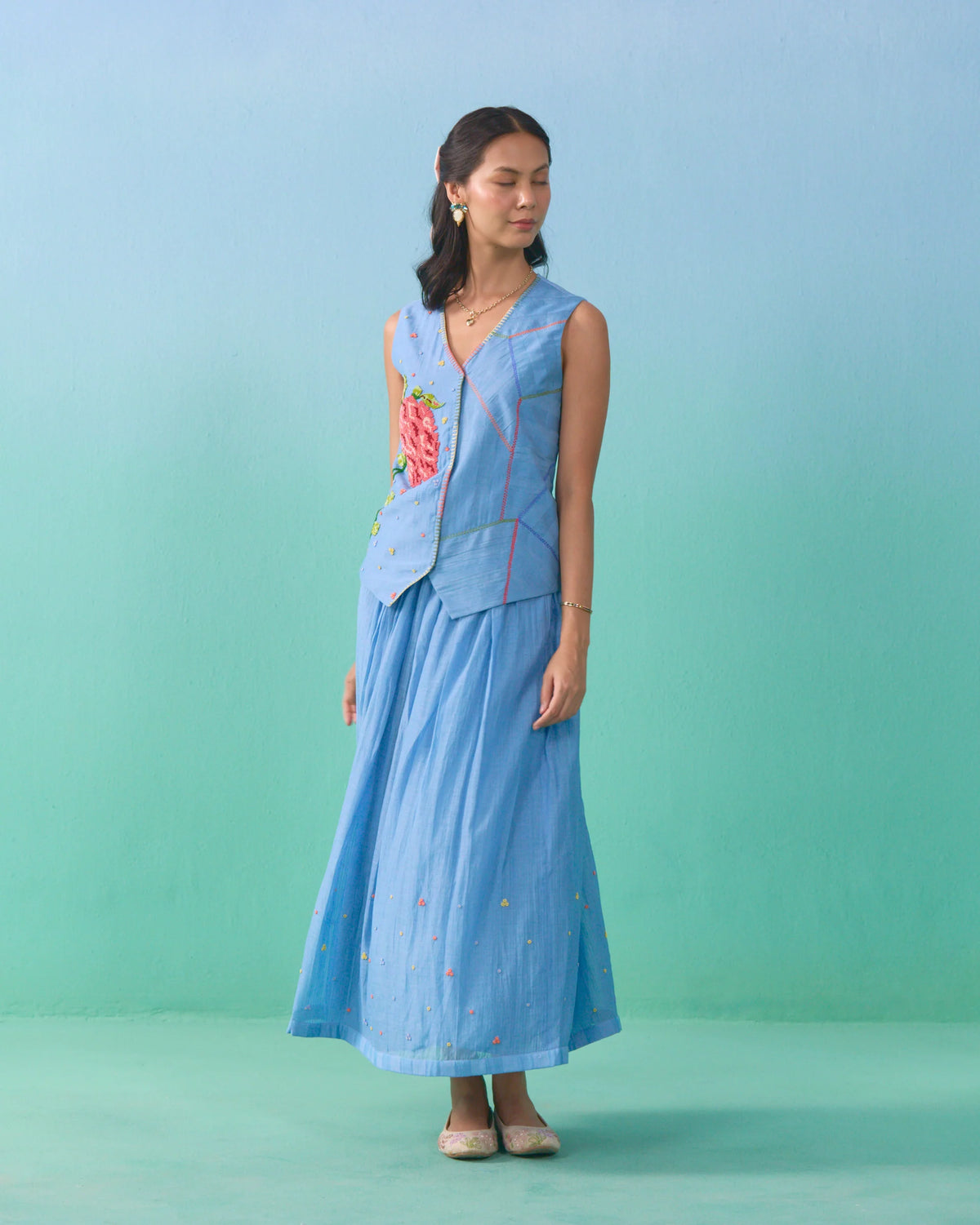 Floral Drift Vest Overlay Set - Blue