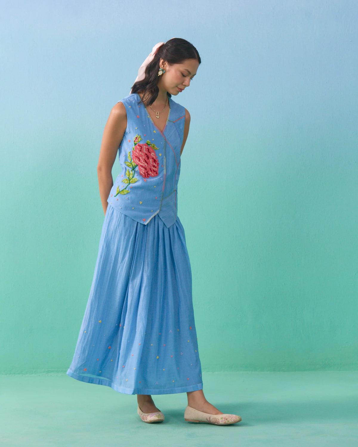 Floral Drift Vest Overlay Set - Blue