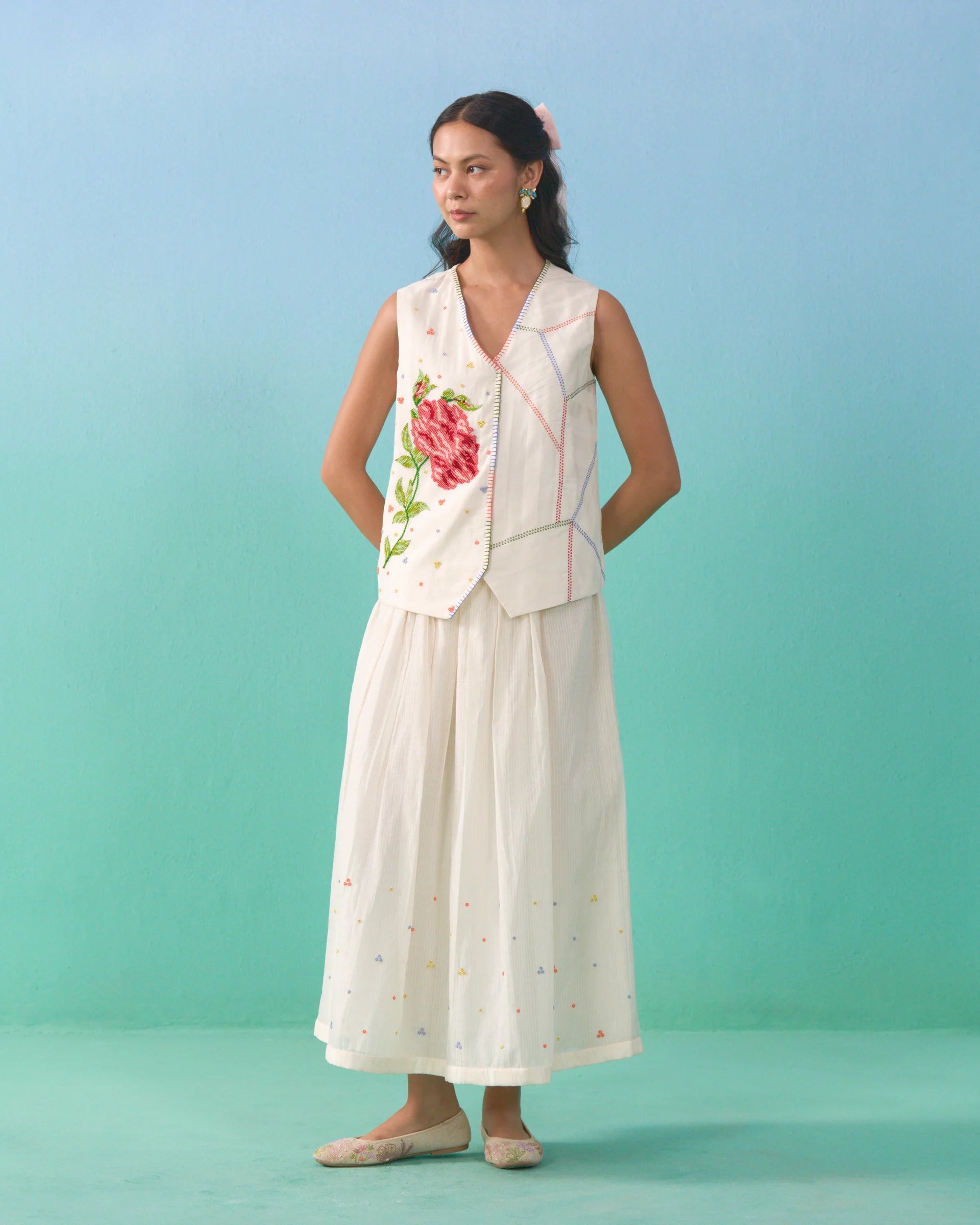 Floral Drift Vest Overlay Set - Ivory
