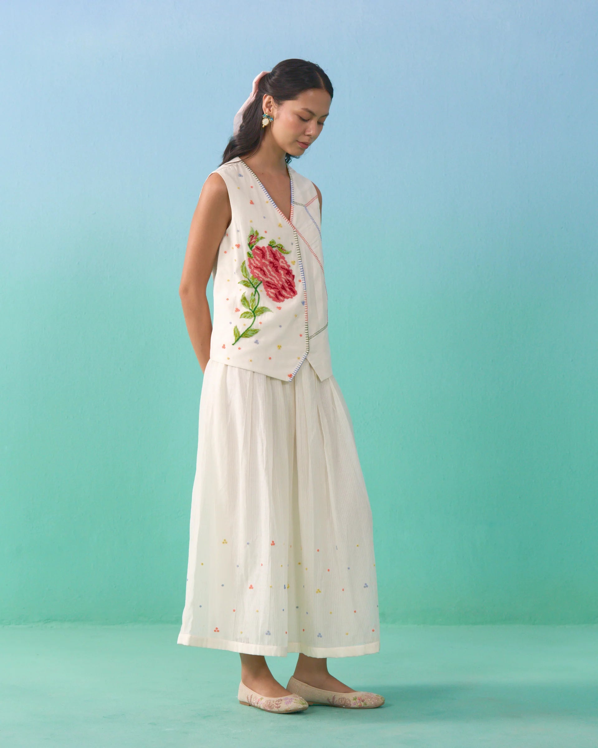 Floral Drift Vest Overlay Set - Ivory