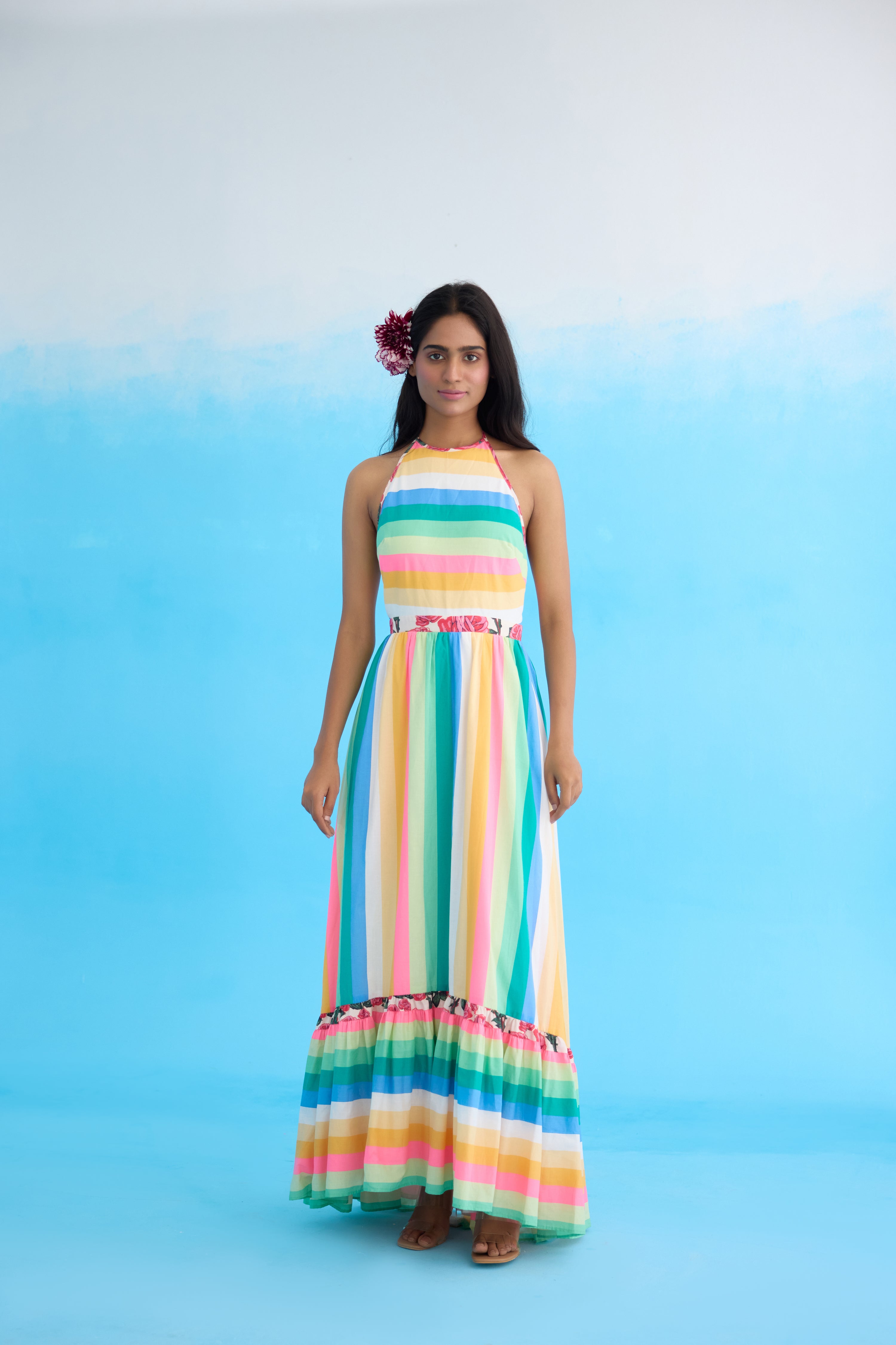 Rainbow Stripes Halter Maxi Dress