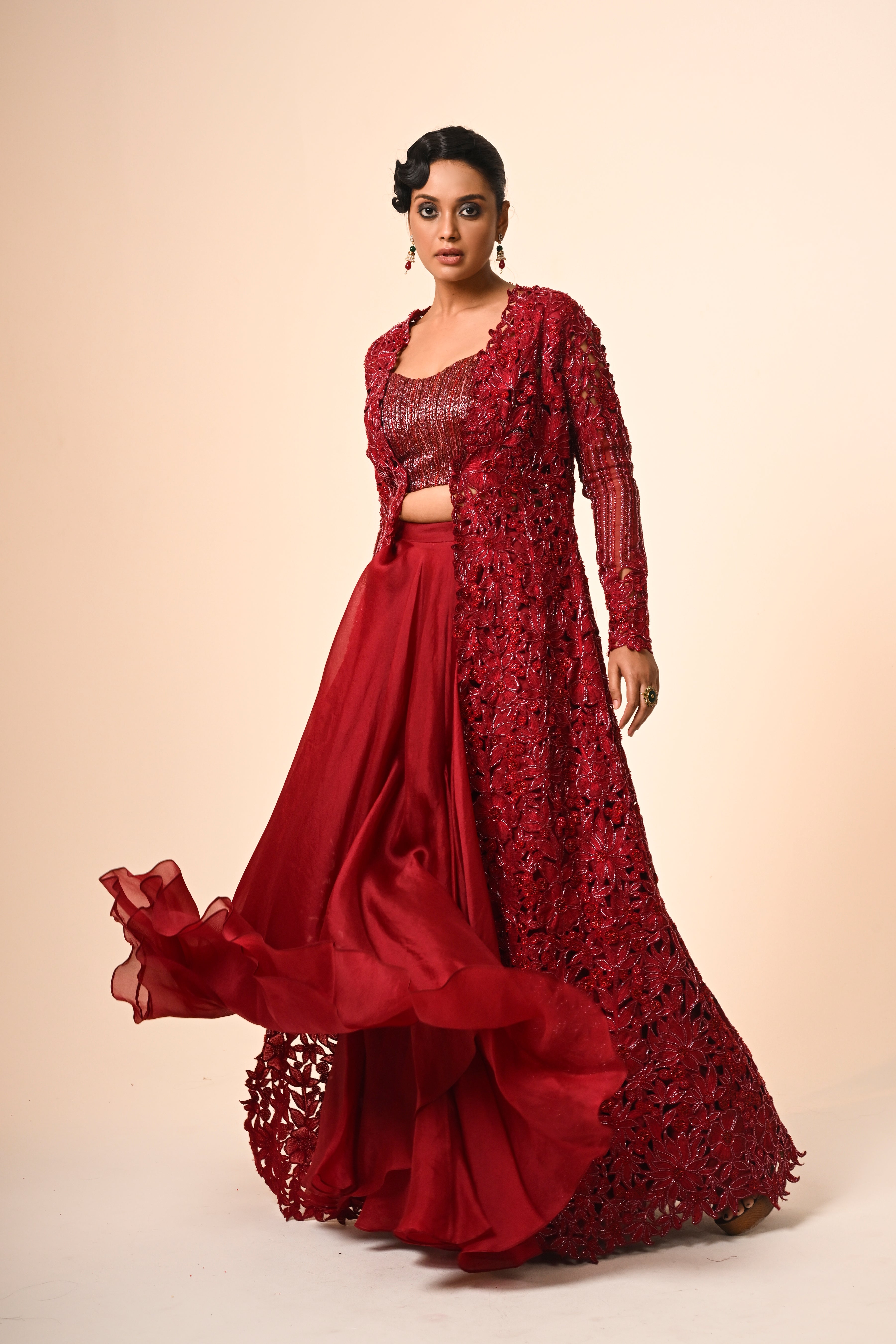Red Floral Jacket With Flared Skirt