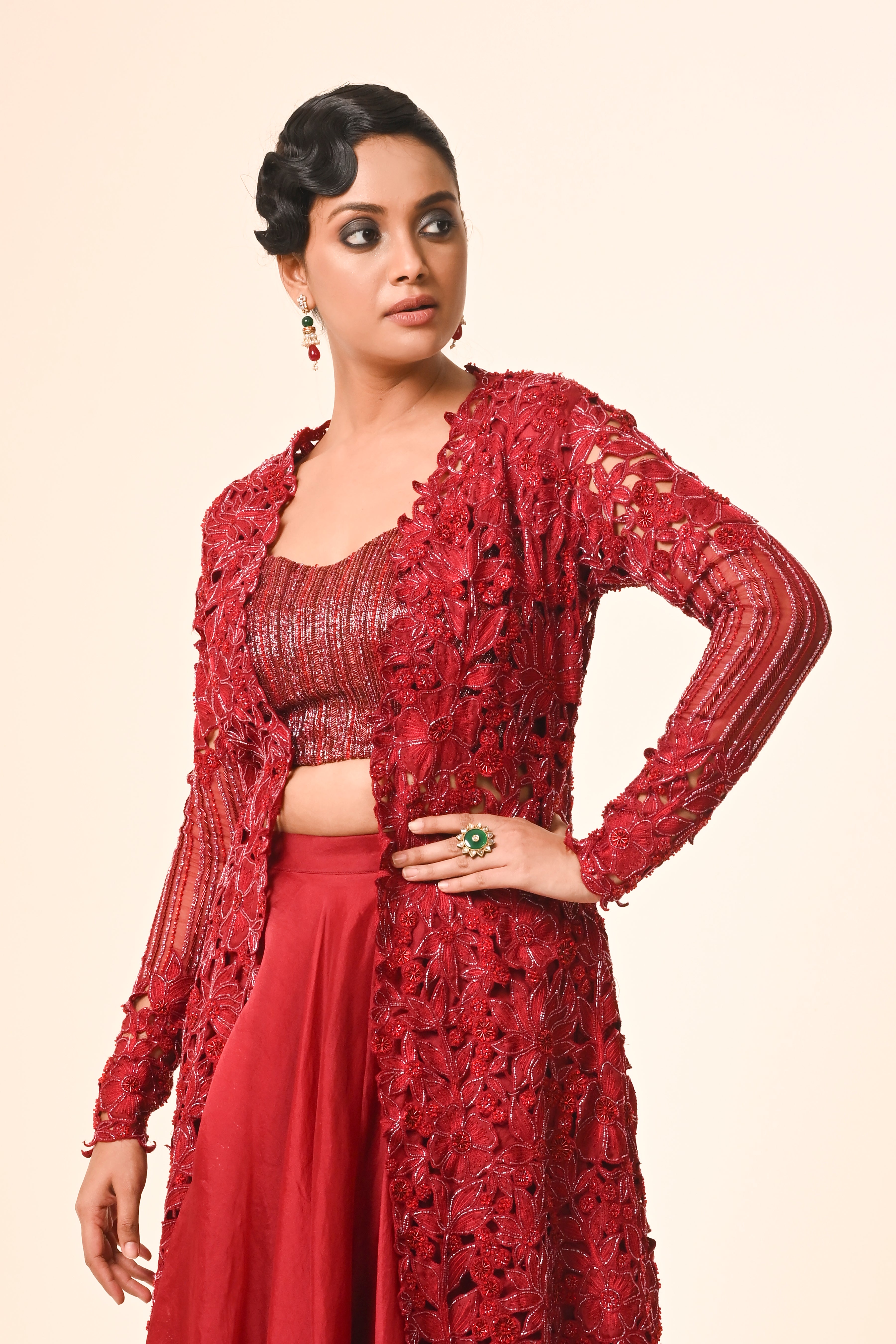 Red Floral Jacket With Flared Skirt