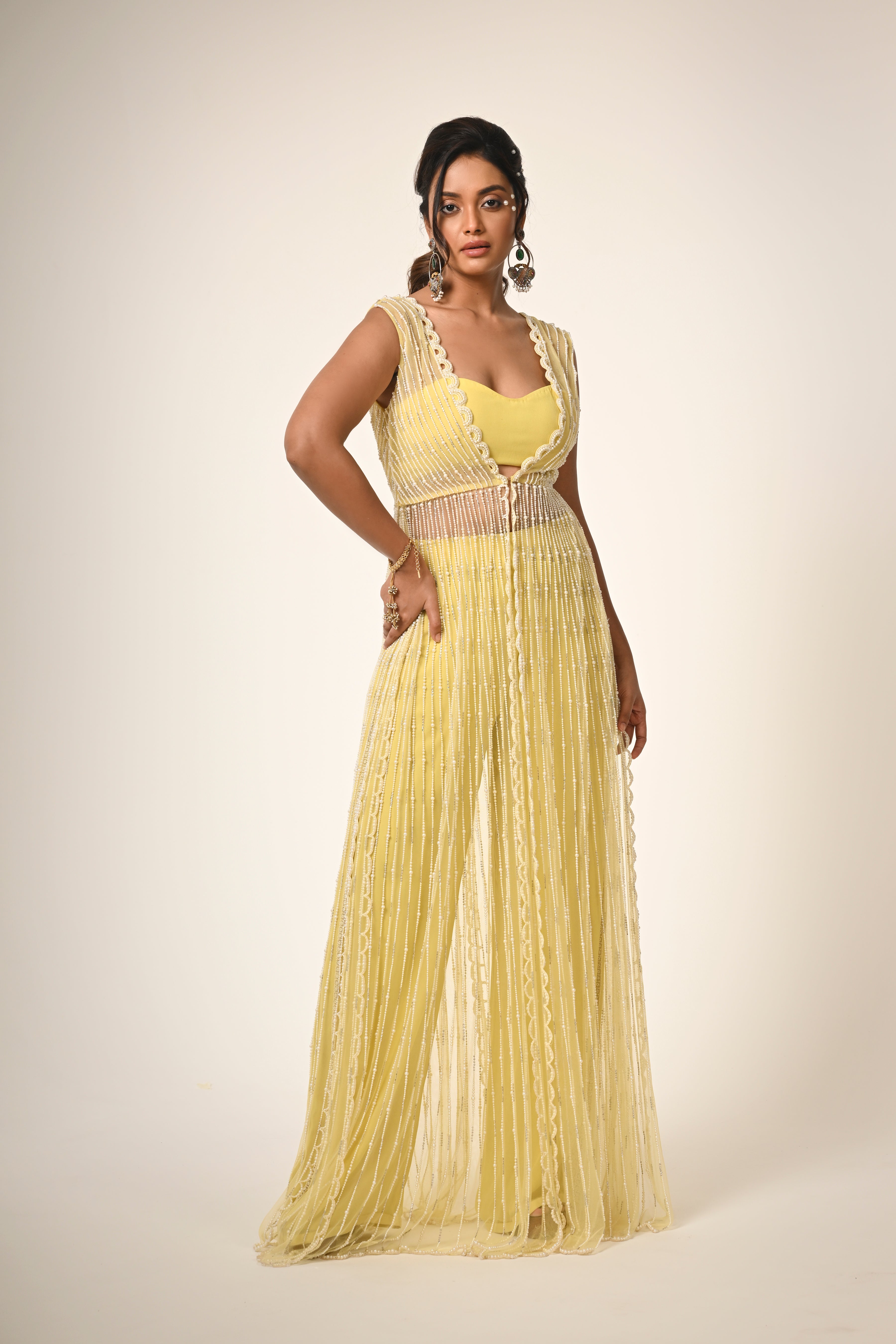 Yellow Pearls Embroidery Cape Set