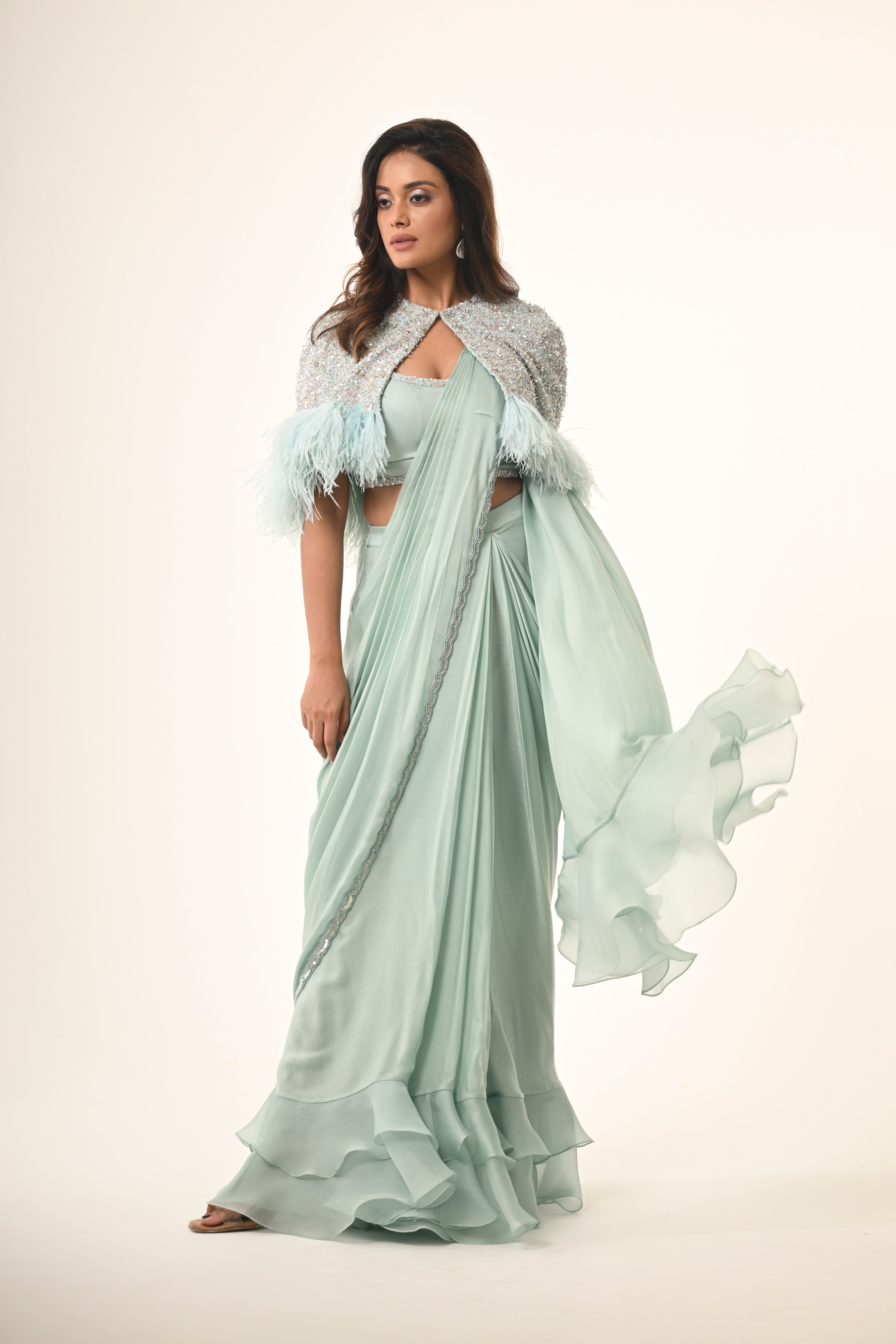 Ruffle Saree With Embroidered Cape