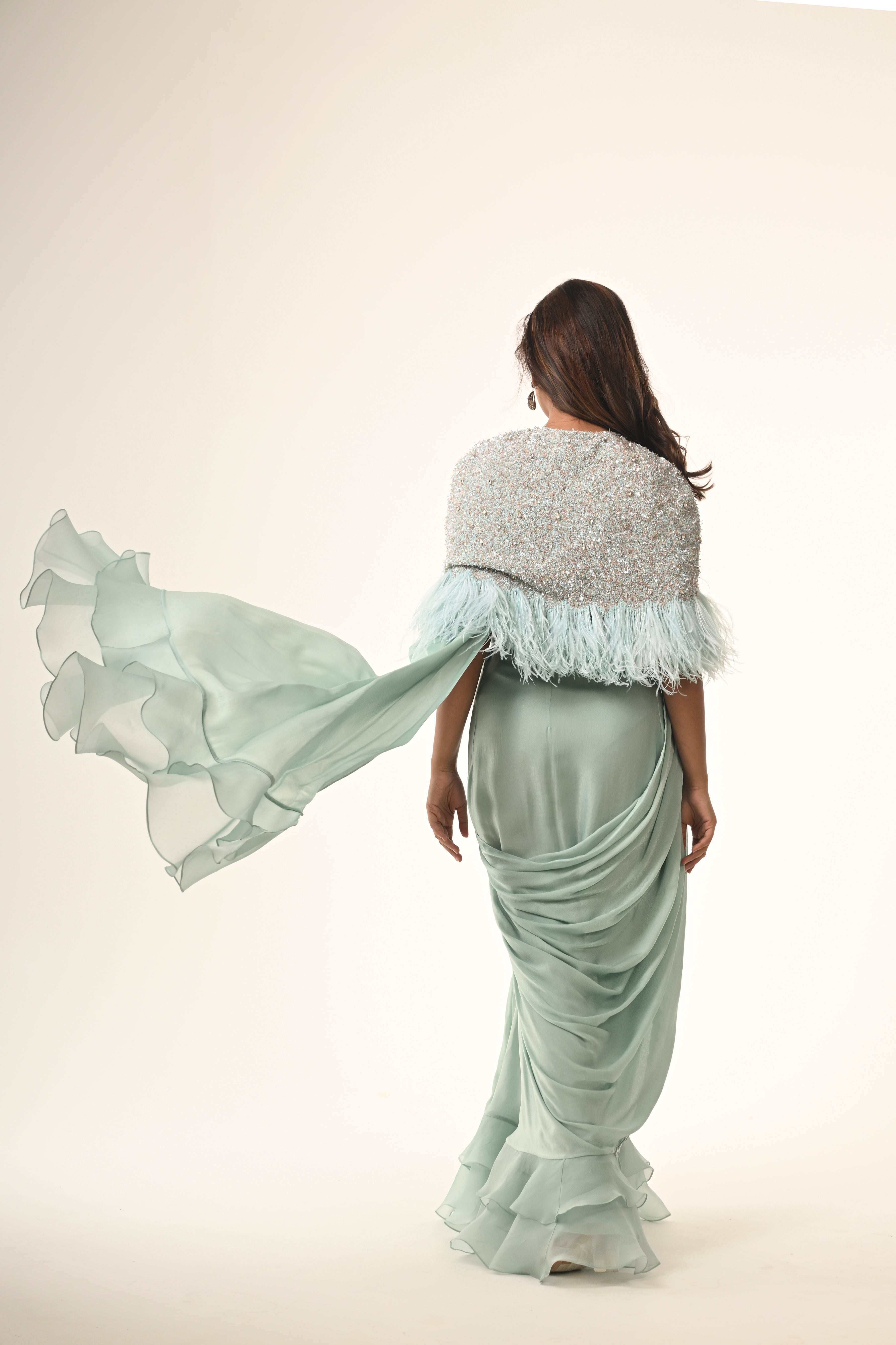 Ruffle Saree With Embroidered Cape