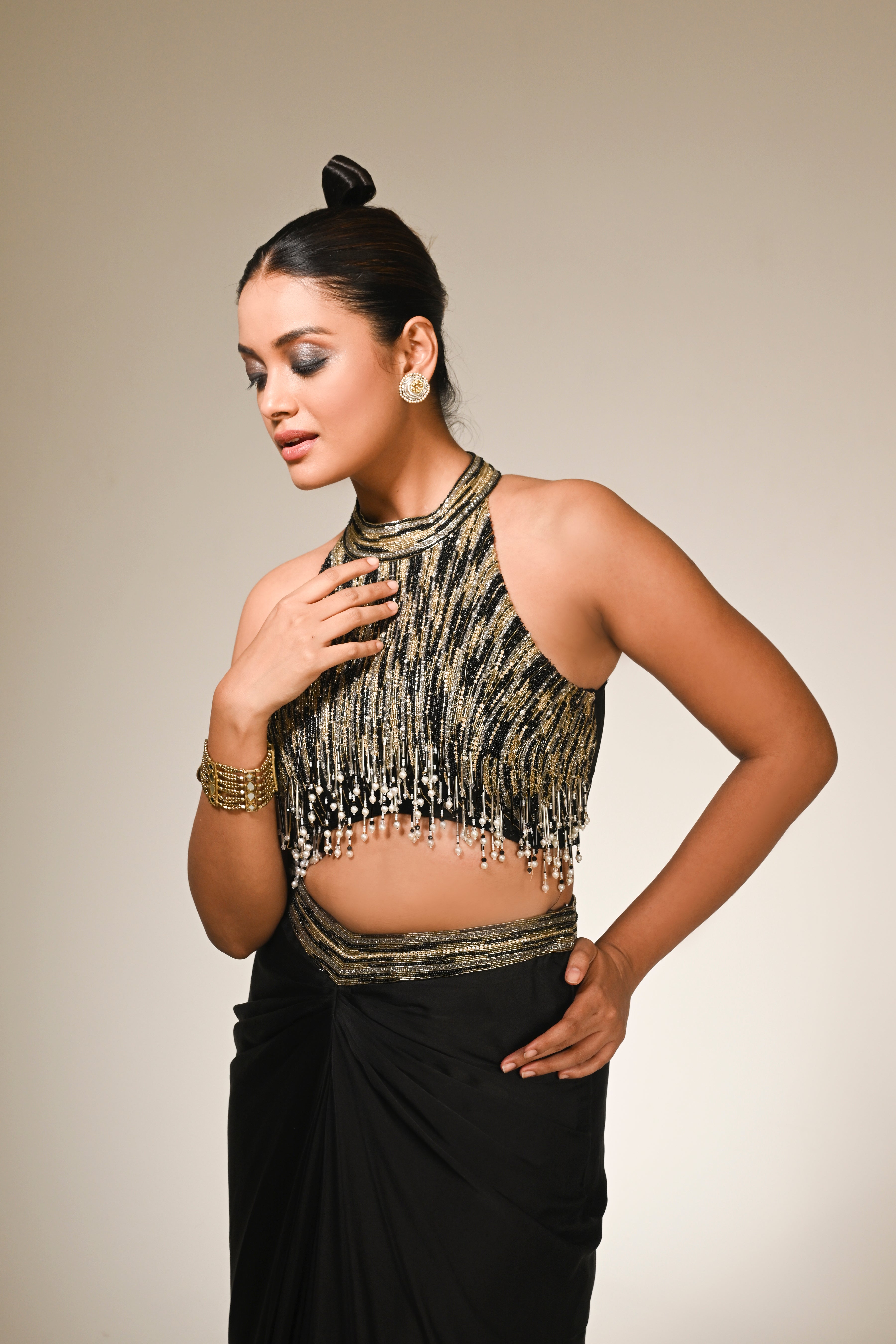 Sequence Blouse With Pure Satin  Rape Skirt