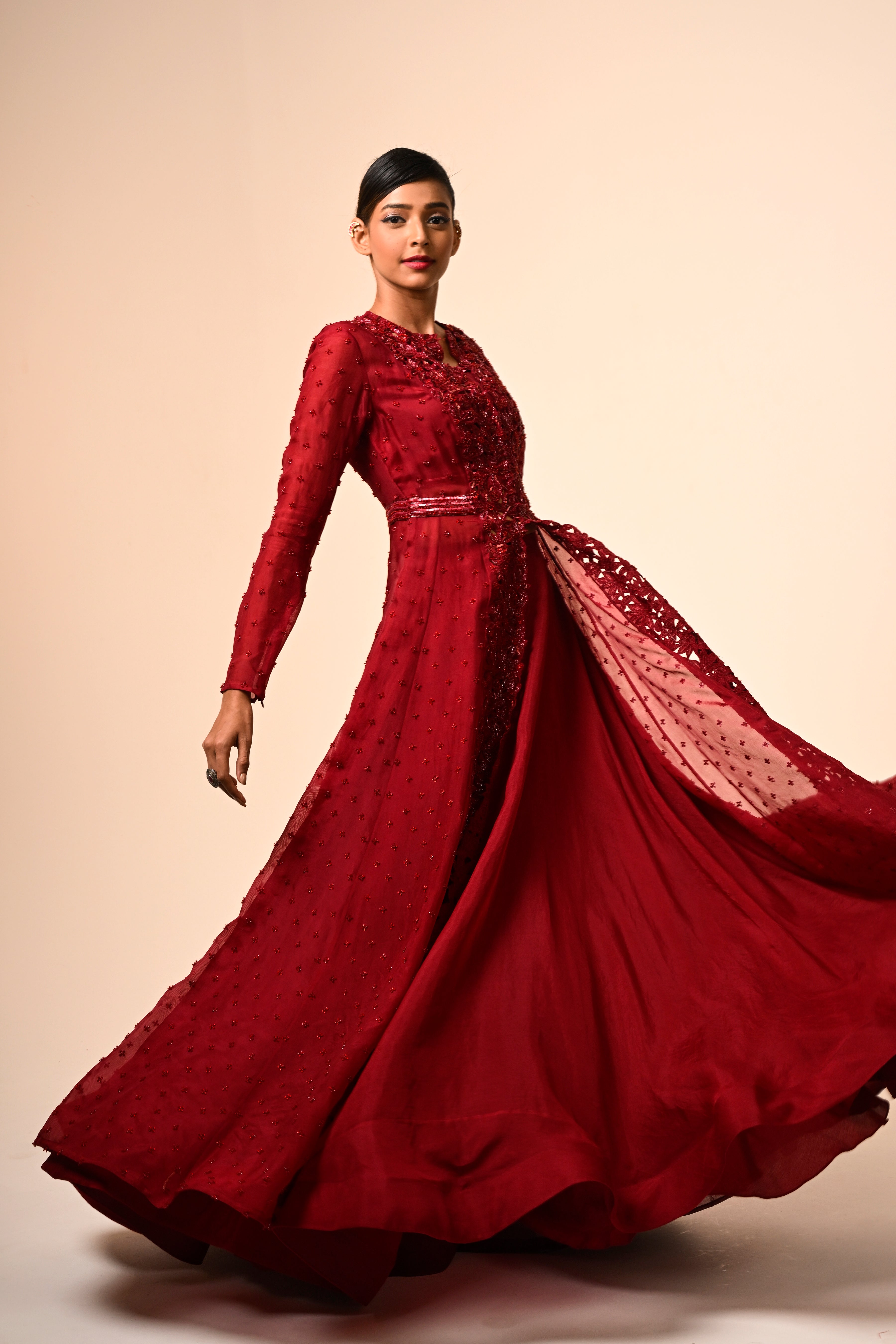 Red Floral Jacket With Organza Skirt