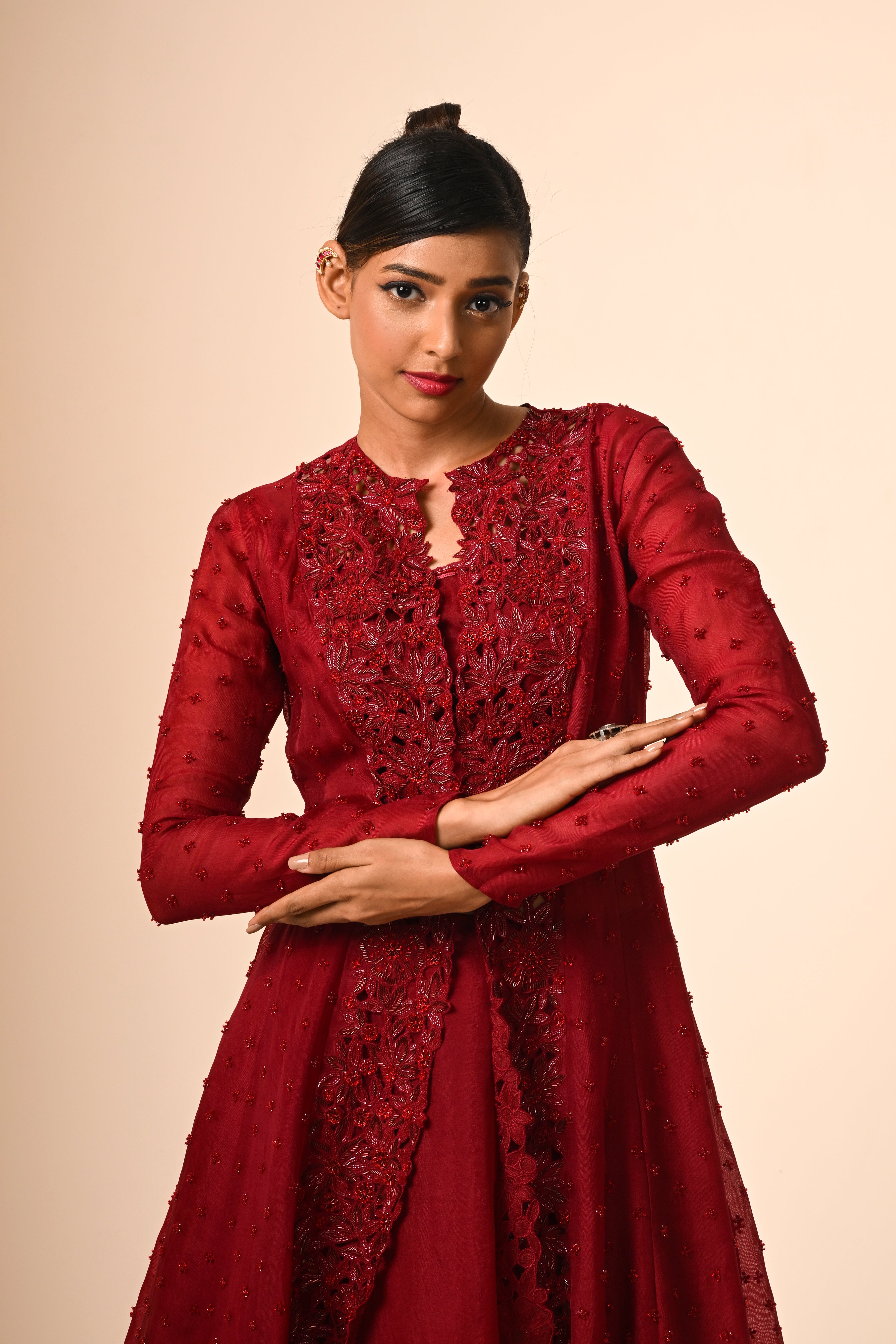 Red Floral Jacket With Organza Skirt