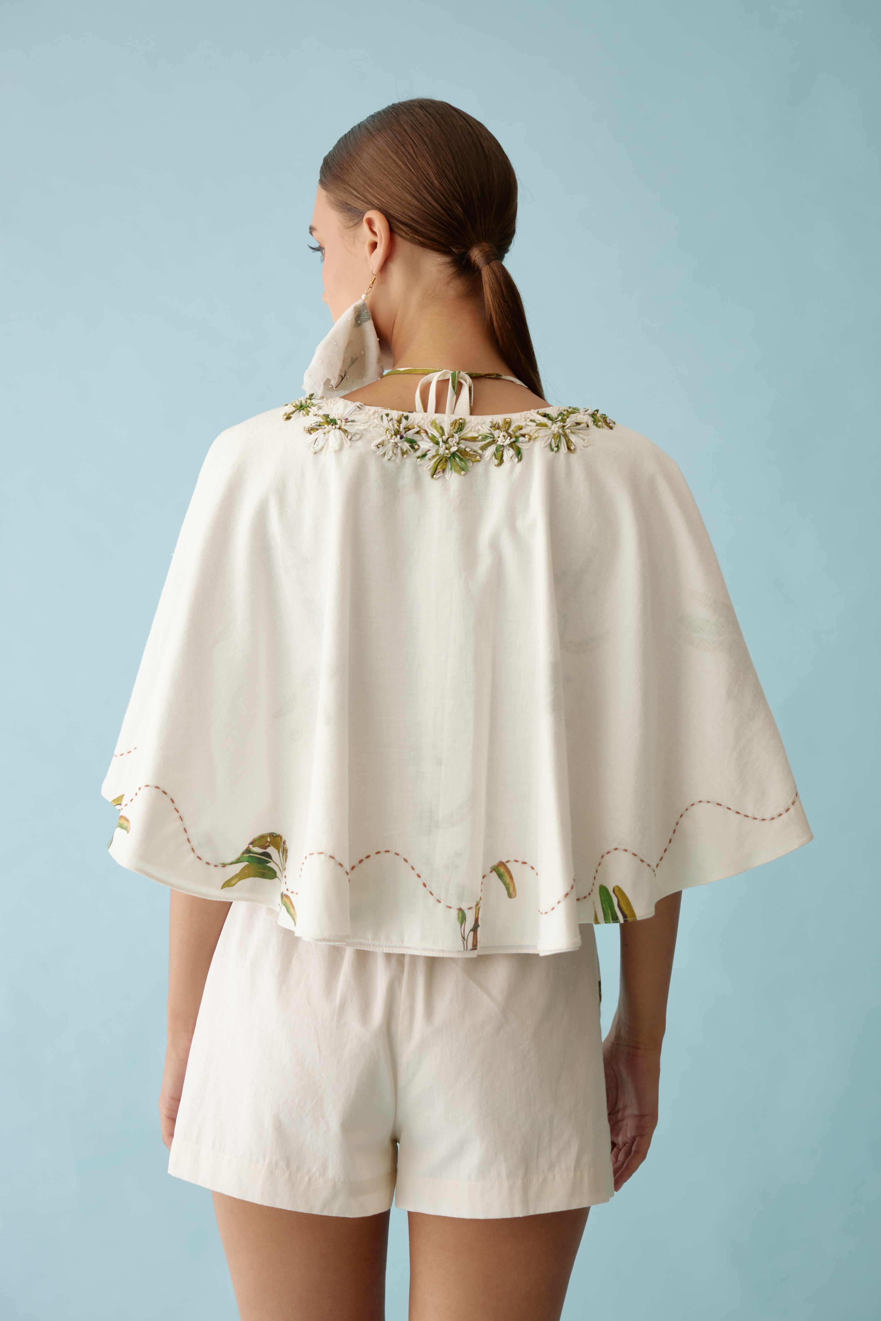 Cream Fabric Ribbon Embroidered Flower Reversible Cape