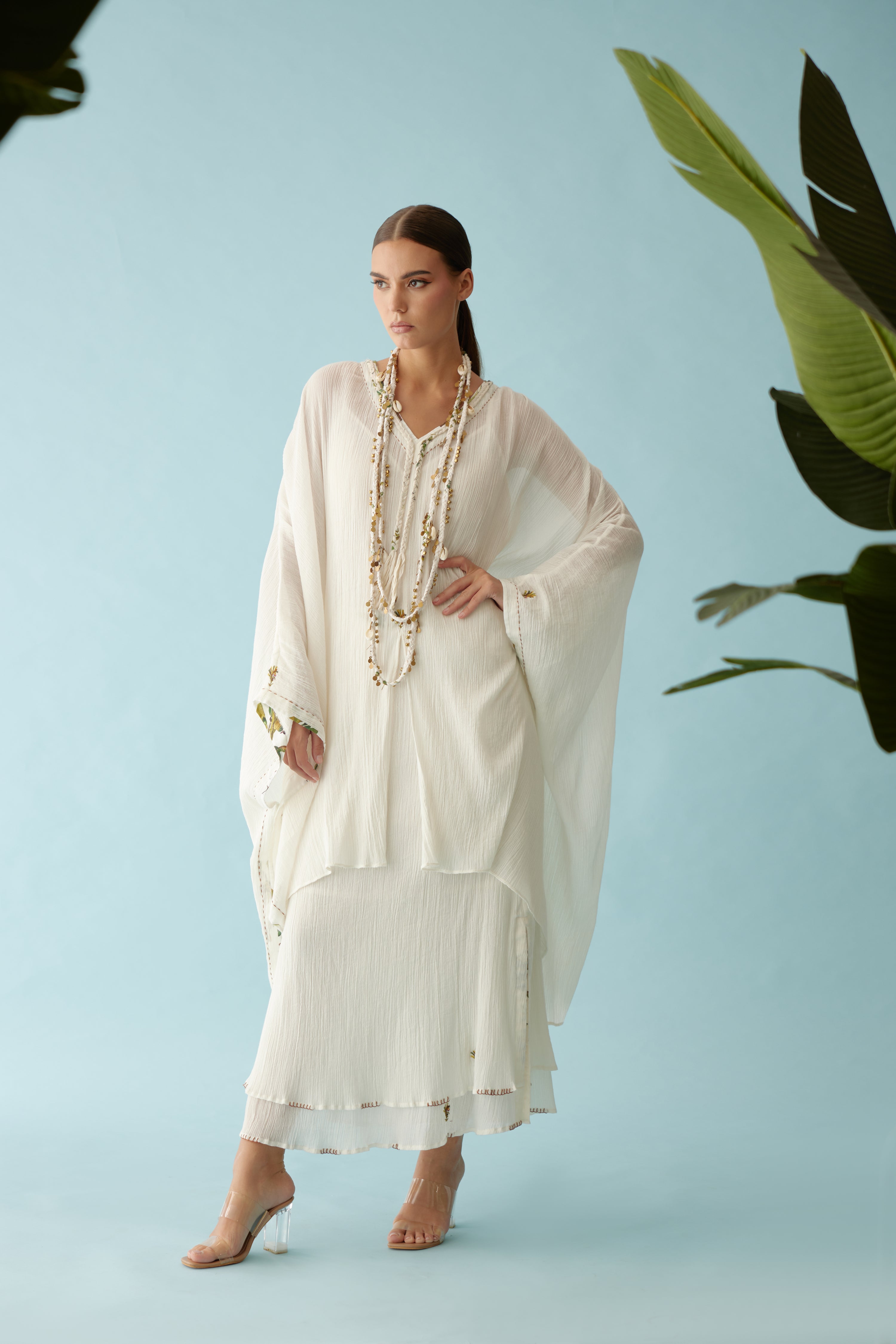 Off-White Hand Braided tassels And Banana Tree Applique Co-Ord Sets