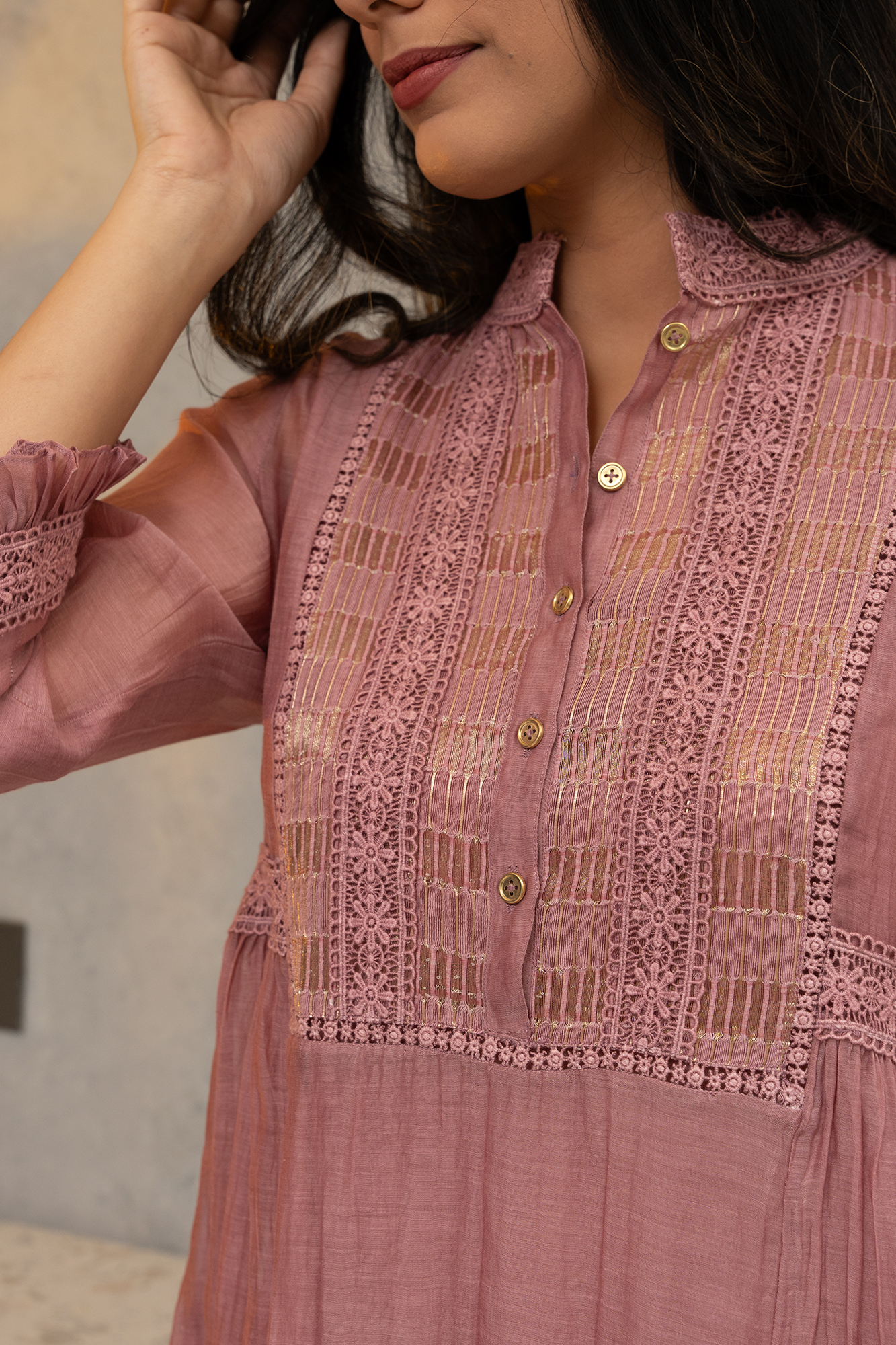 Dusky Pink Chanderi Shirt, With Gold Striped Tissue Side Yokes.