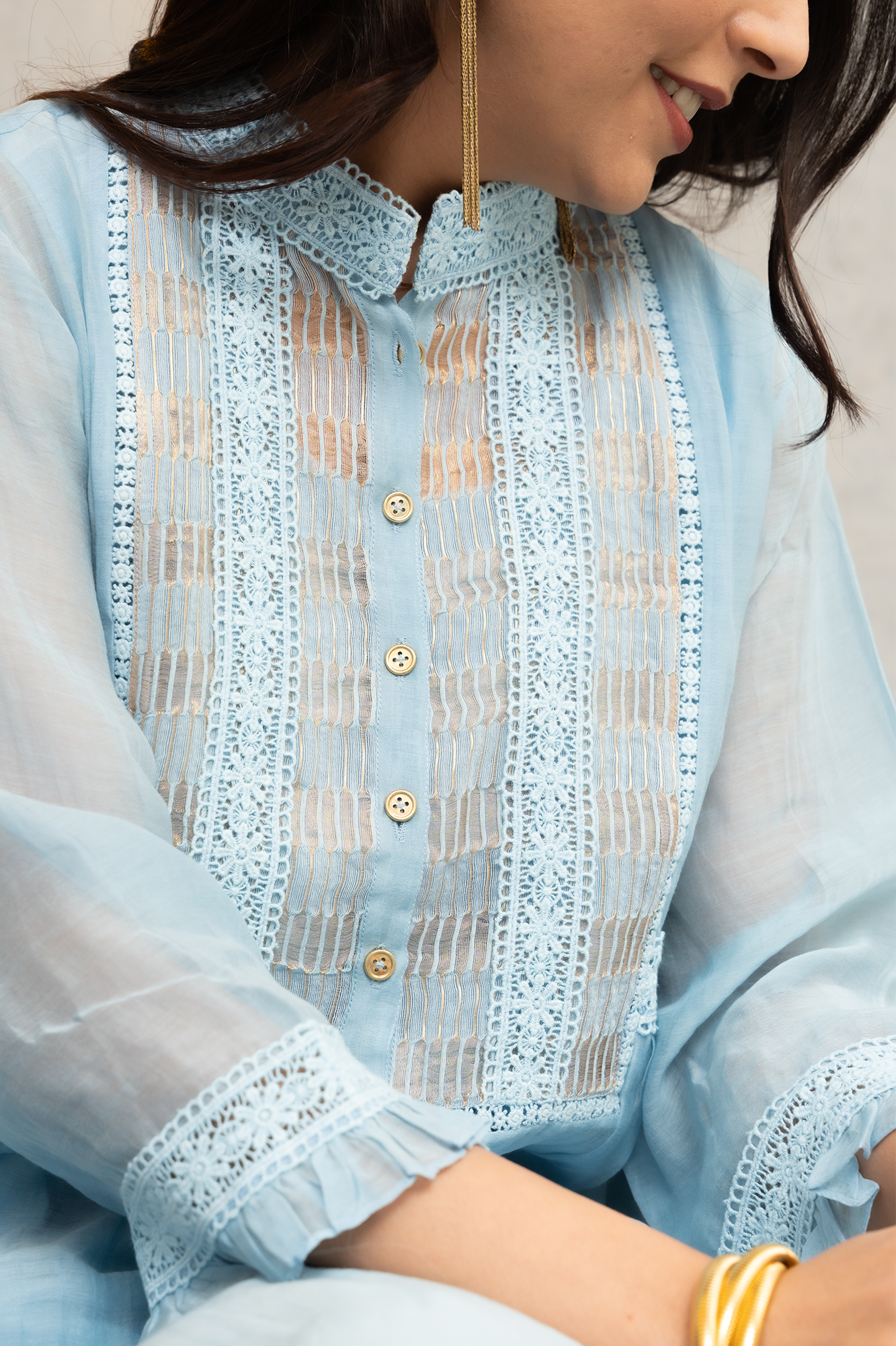 Powder Blue Chanderi Shirt, With Gold Striped Tissue Side Yokes.