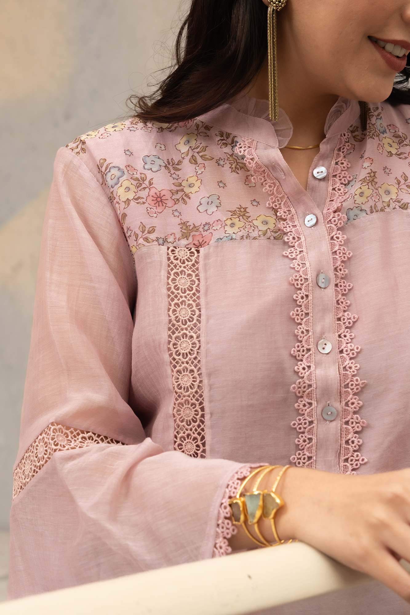 Pink Chanderi Shirt Featuring Block Print Shoulder Yoke Lace Accents And Slip