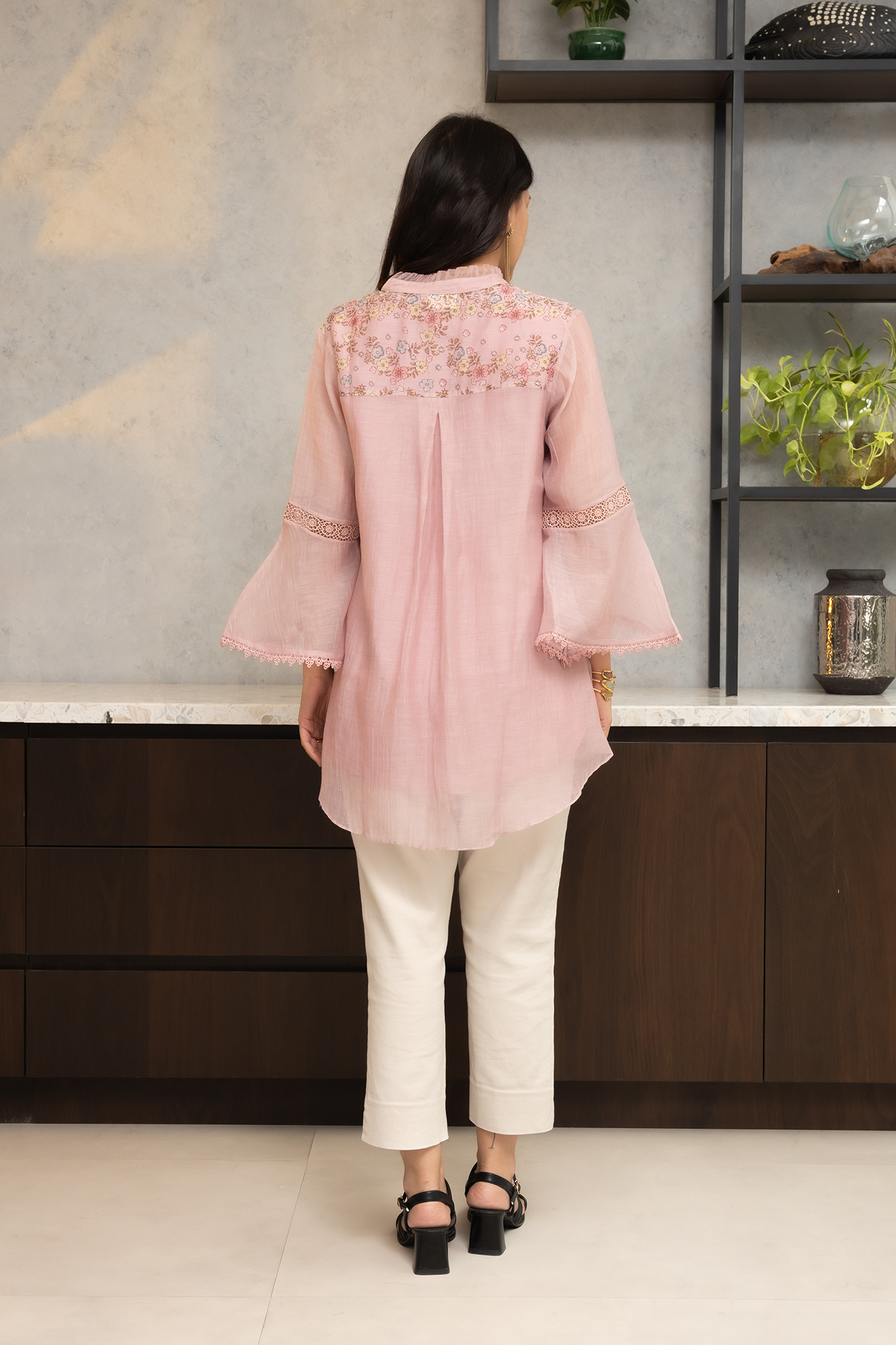 Pink Chanderi Shirt Featuring Block Print Shoulder Yoke Lace Accents And Slip