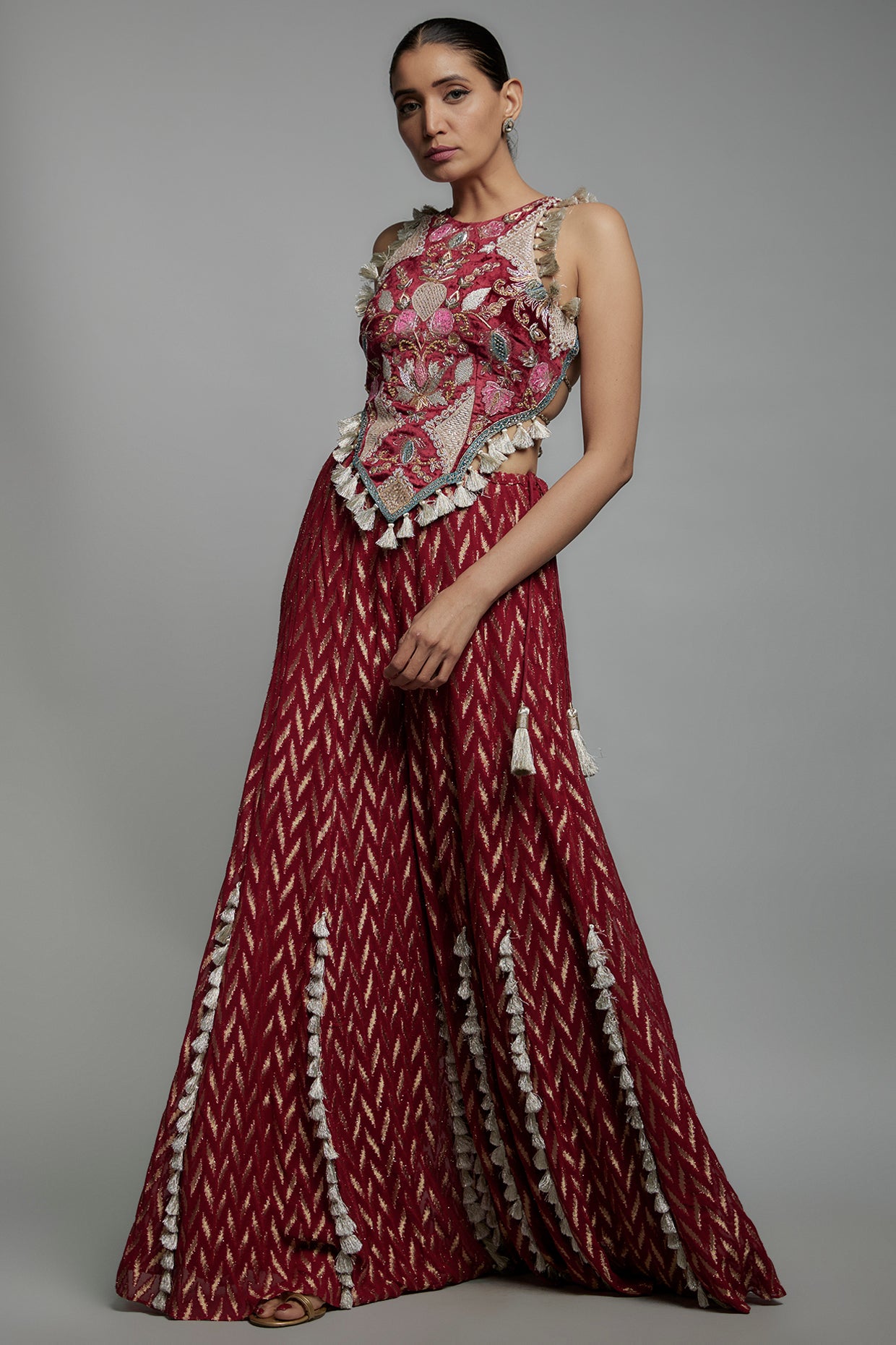 Maroon Embroidered  Choli With Sharara