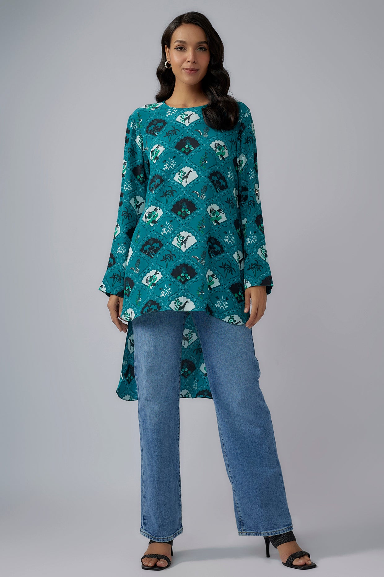 Teal Printed Crepe High Low Tunic