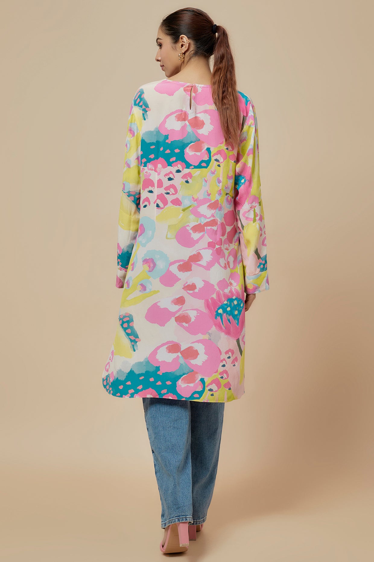 Lime Printed Crepe Roll-up Sleeves Tunic