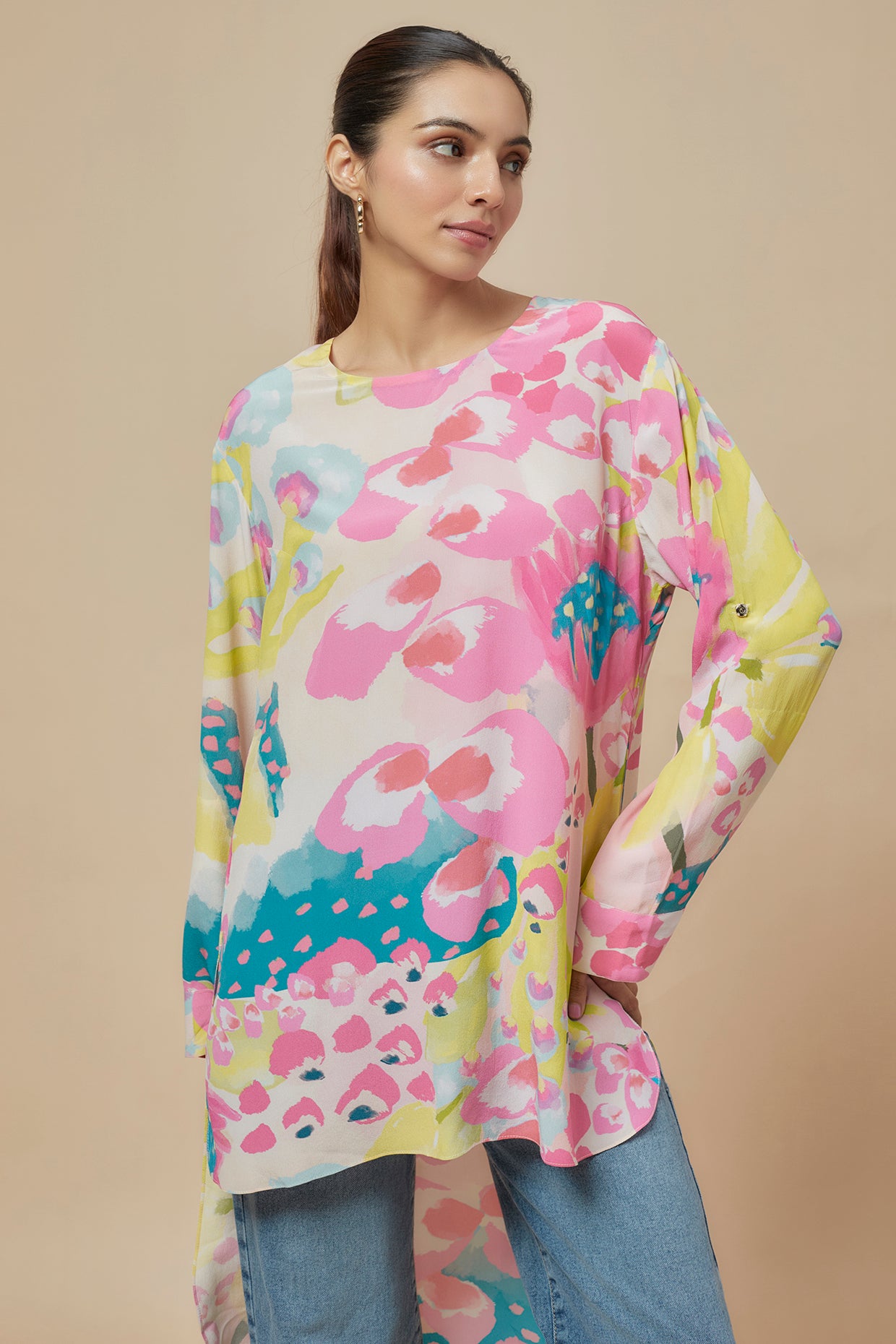 Lime Printed Crepe Roll-up Sleeves Tunic