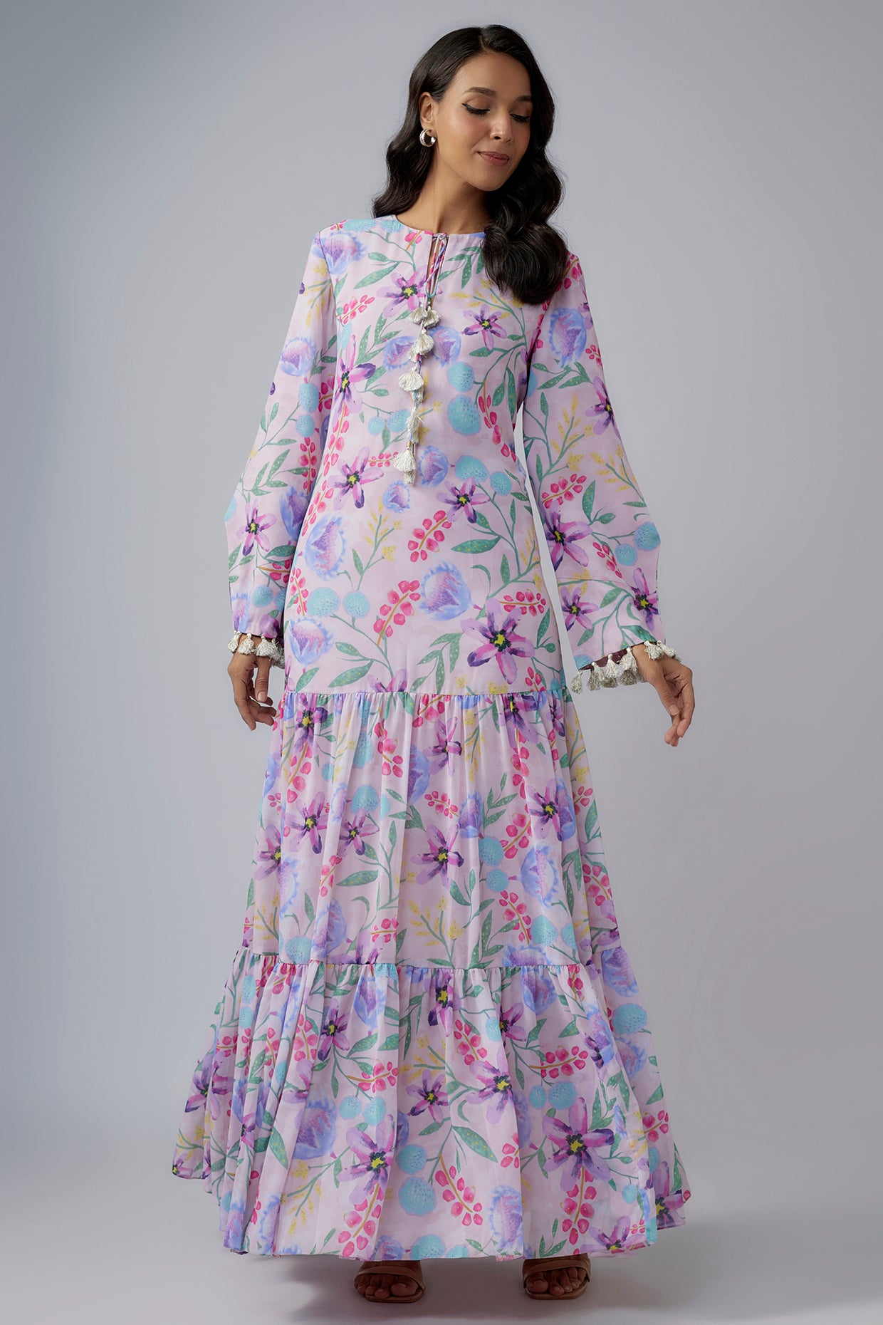 Pink Printed Art Georgette Tiered Dress