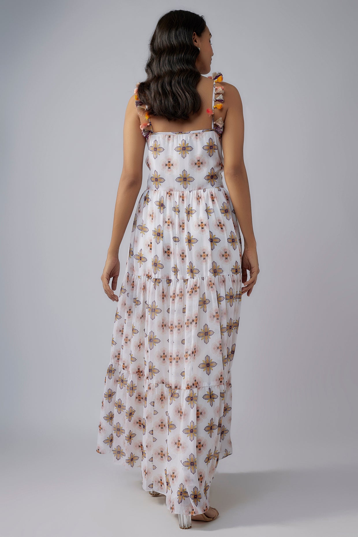 Ivory Printed Art Georgette Long Trapese Dress