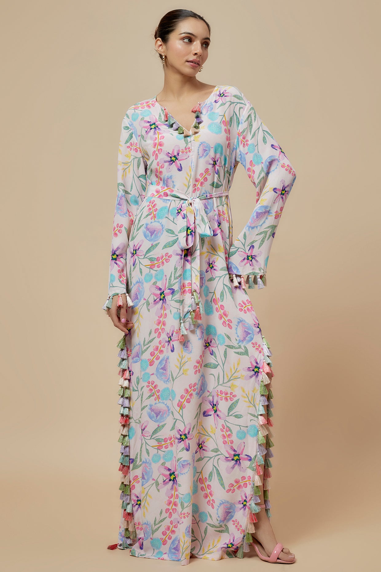 Baby Pink Printed Crepe Long Beyza Kaftan