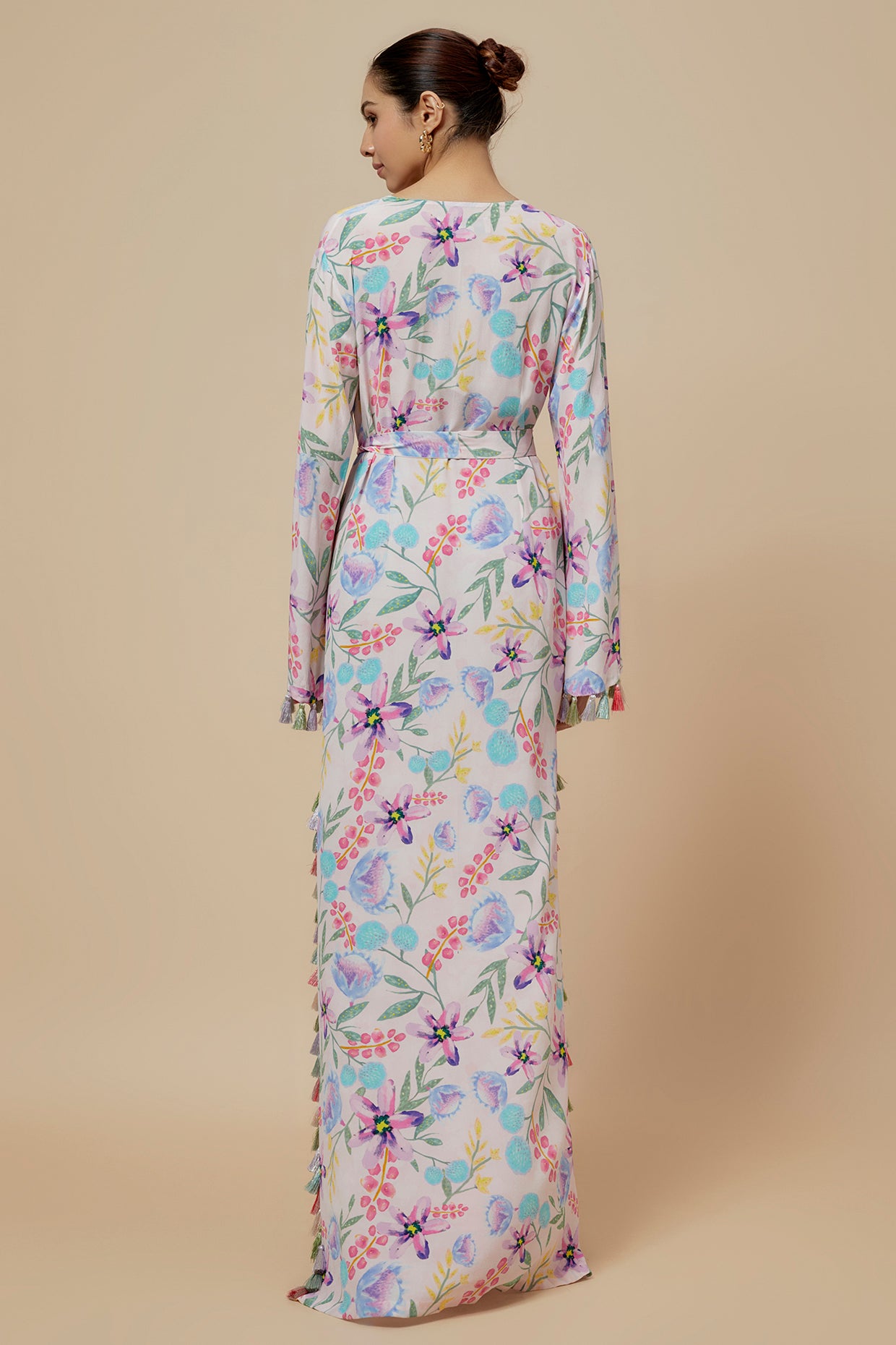 Baby Pink Printed Crepe Long Beyza Kaftan