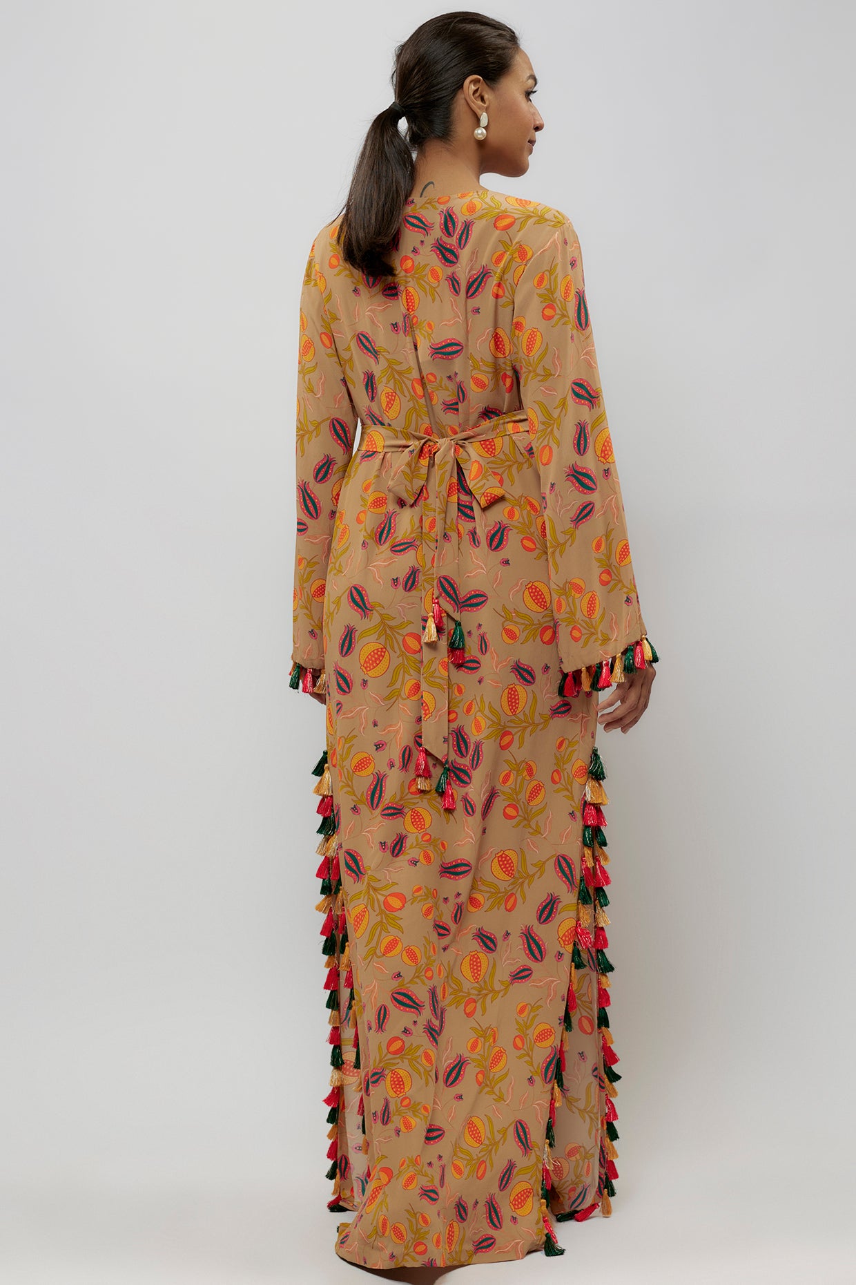 Brown Printed Crepe Long Beyza Kaftan