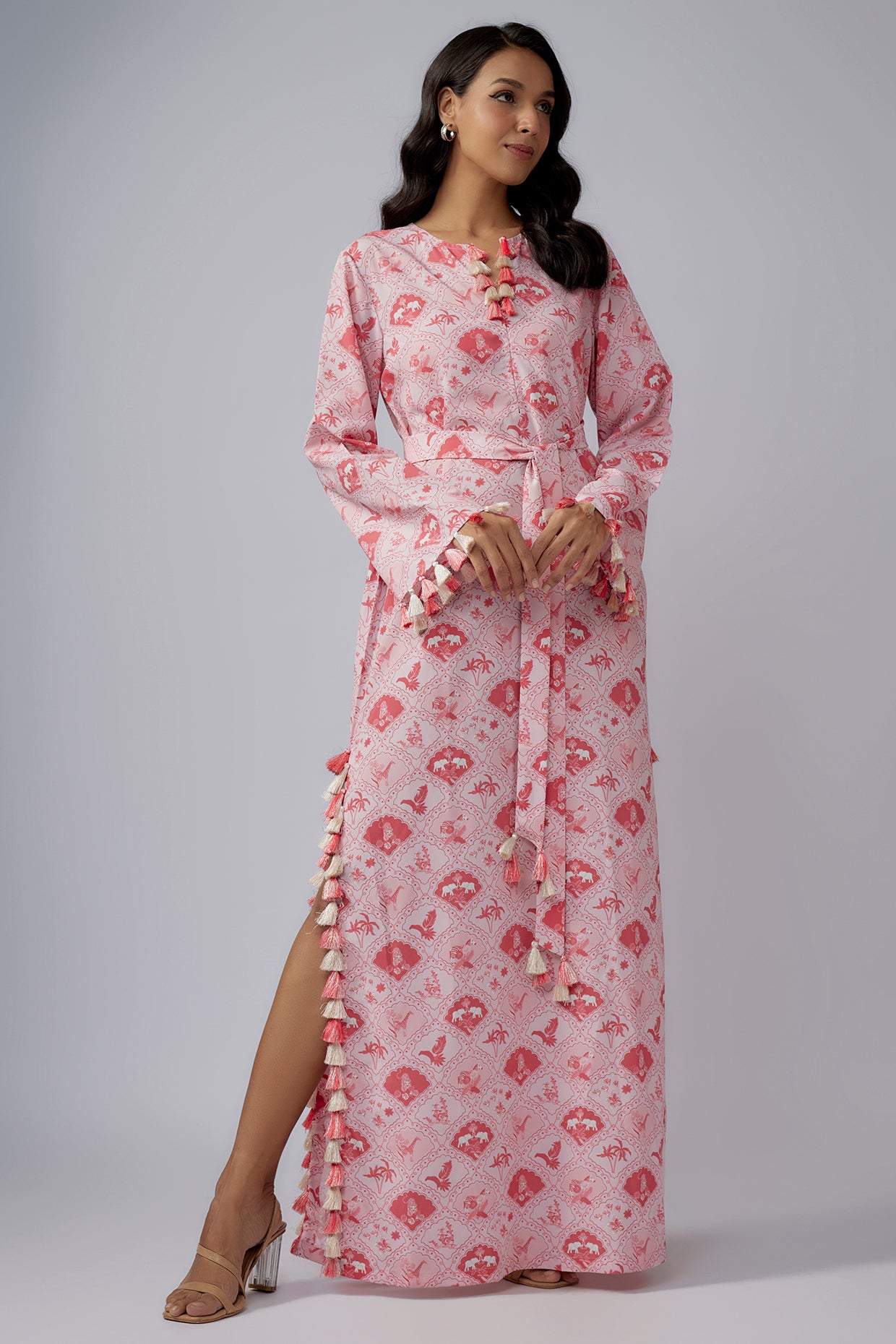 Printed Art Crepe Long Beyza Kaftan With Belt